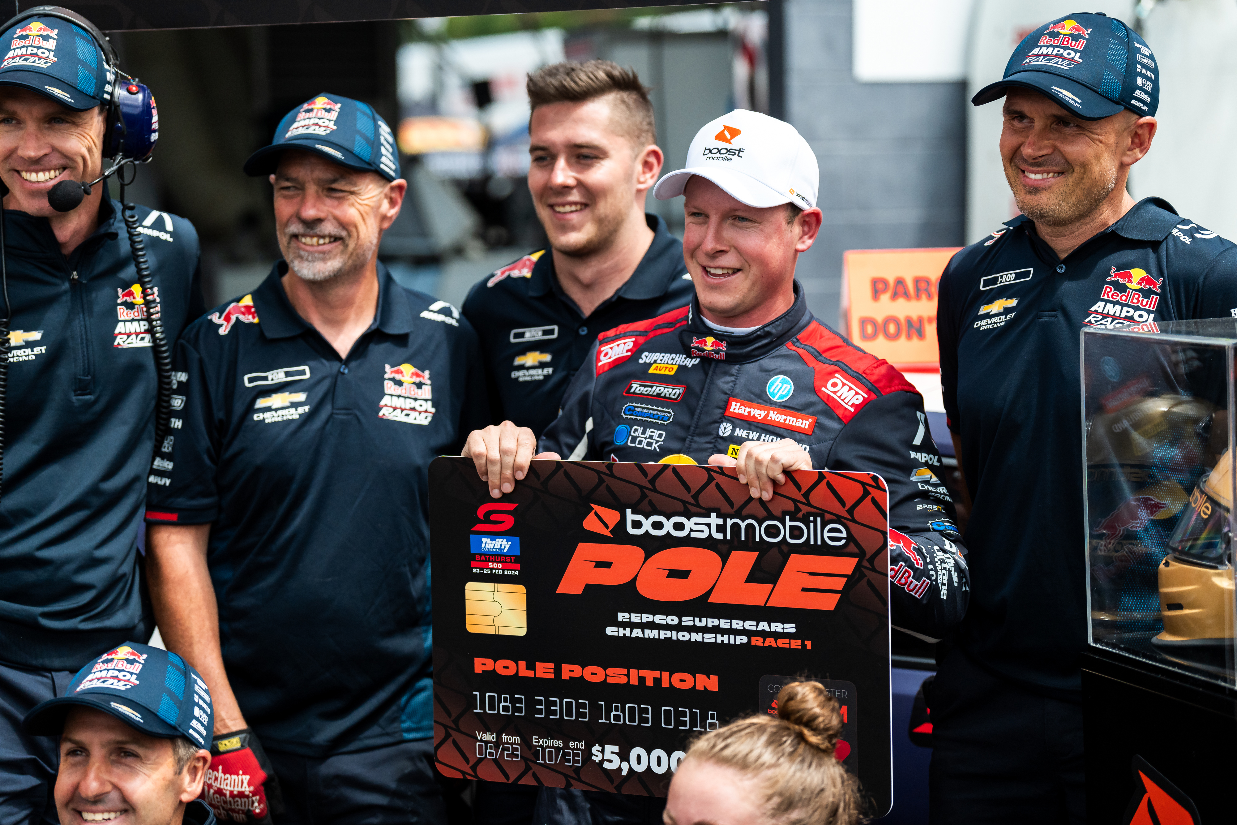Will Brown celebrates pole position for race one of the Supercars Championship at Mount Panorama.