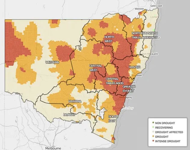 A drought map of NSW from August, 2018 when the entire state was declared in drought.