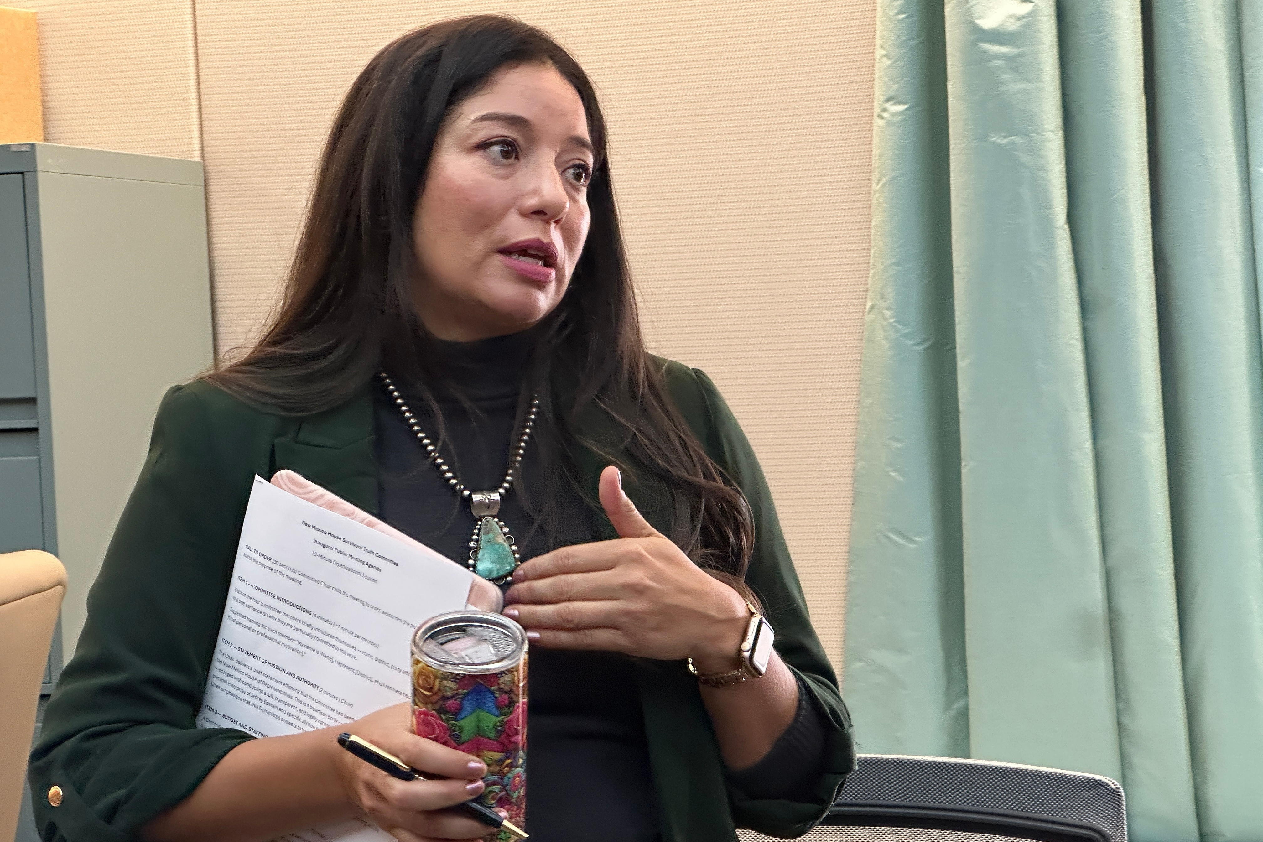 Democratic state Rep. Andrea Romero of Santa Fe, N.M., talks about launching a bipartisan truth commission into abuses at a secluded desert ranch where financier and sex offender Jeffrey Epstein once entertained guests, and whether local authorities looked the other way, on Tuesday, Feb. 17, 2026, at the state Capitol in Santa Fe.  