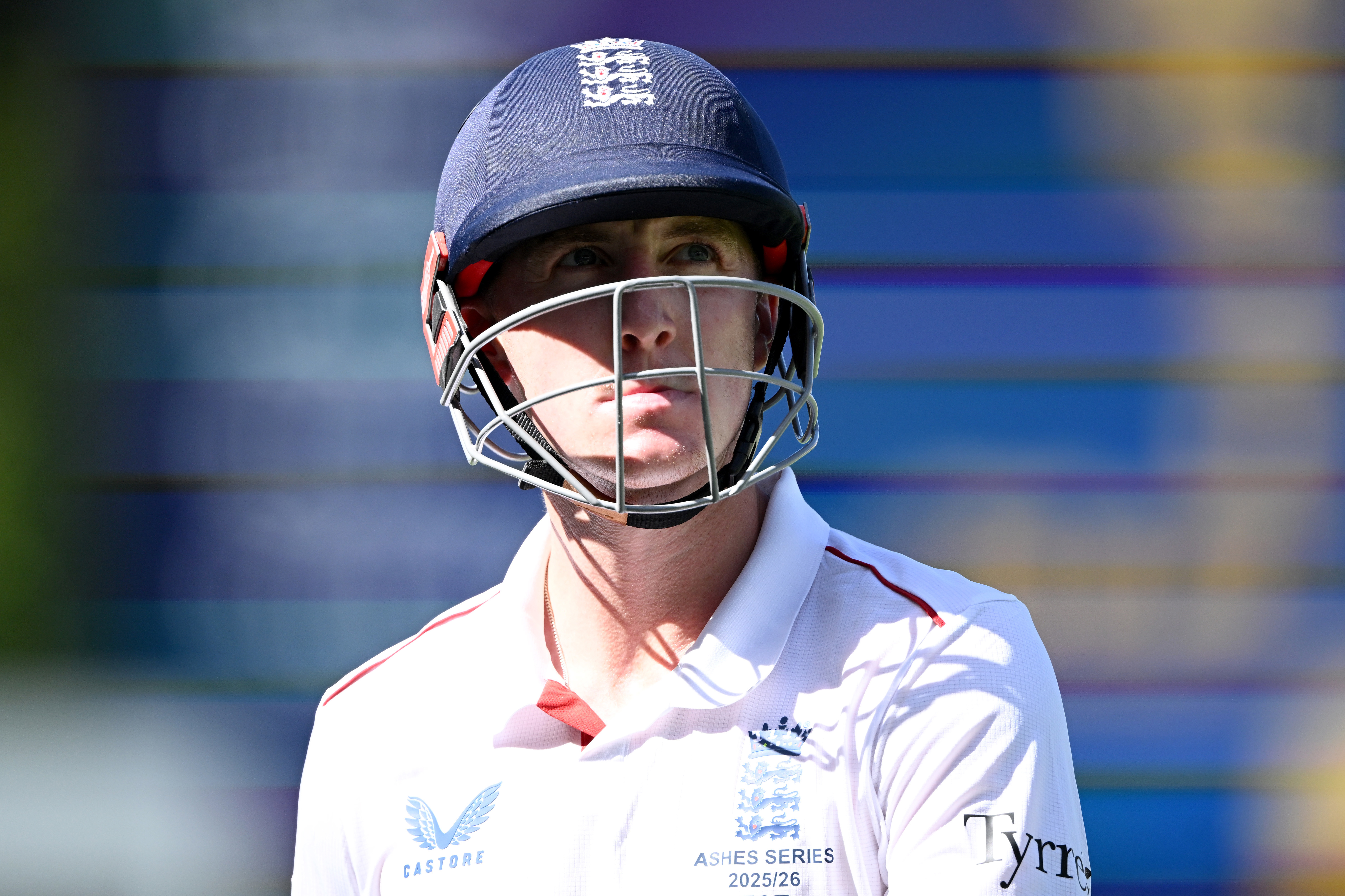 ADELAIDE, AUSTRALIA - DECEMBER 20: Harry Brook of England leaves the field after being bowled by Nathan Lyon of Australia during day four of the Third Test Match in the 2025-26 Ashes Series between Australia and England at Adelaide Oval on December 20, 2025 in Adelaide, Australia. (Photo by Gareth Copley/Getty Images)