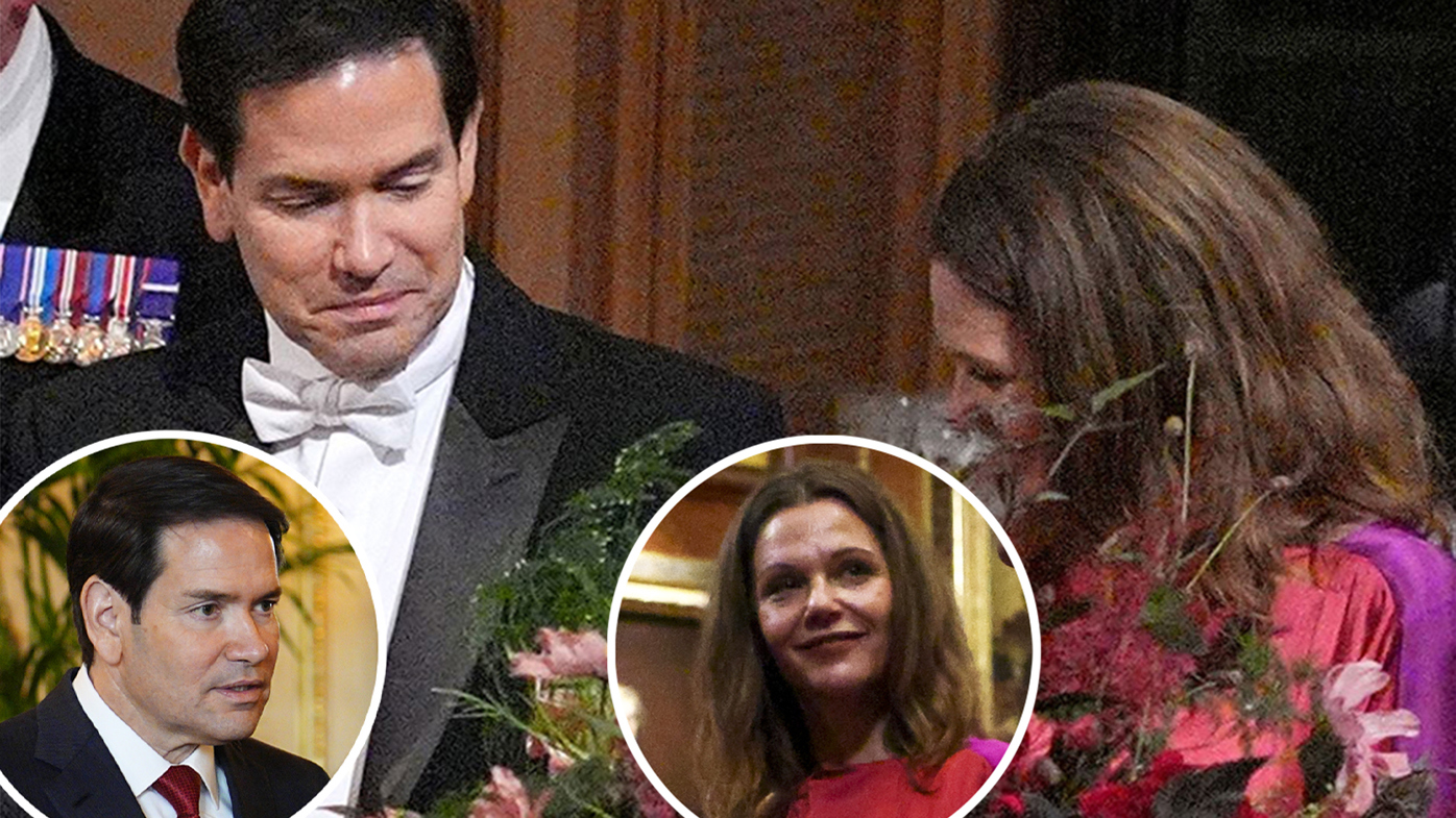 Marco Rubio and his wife at the State Banquet in Windsor Castle, England, on day one of U.S. President Donald Trump and First Lady Melania Trump's second state visit to the UK, Wednesday Sept. 17, 2025. 
