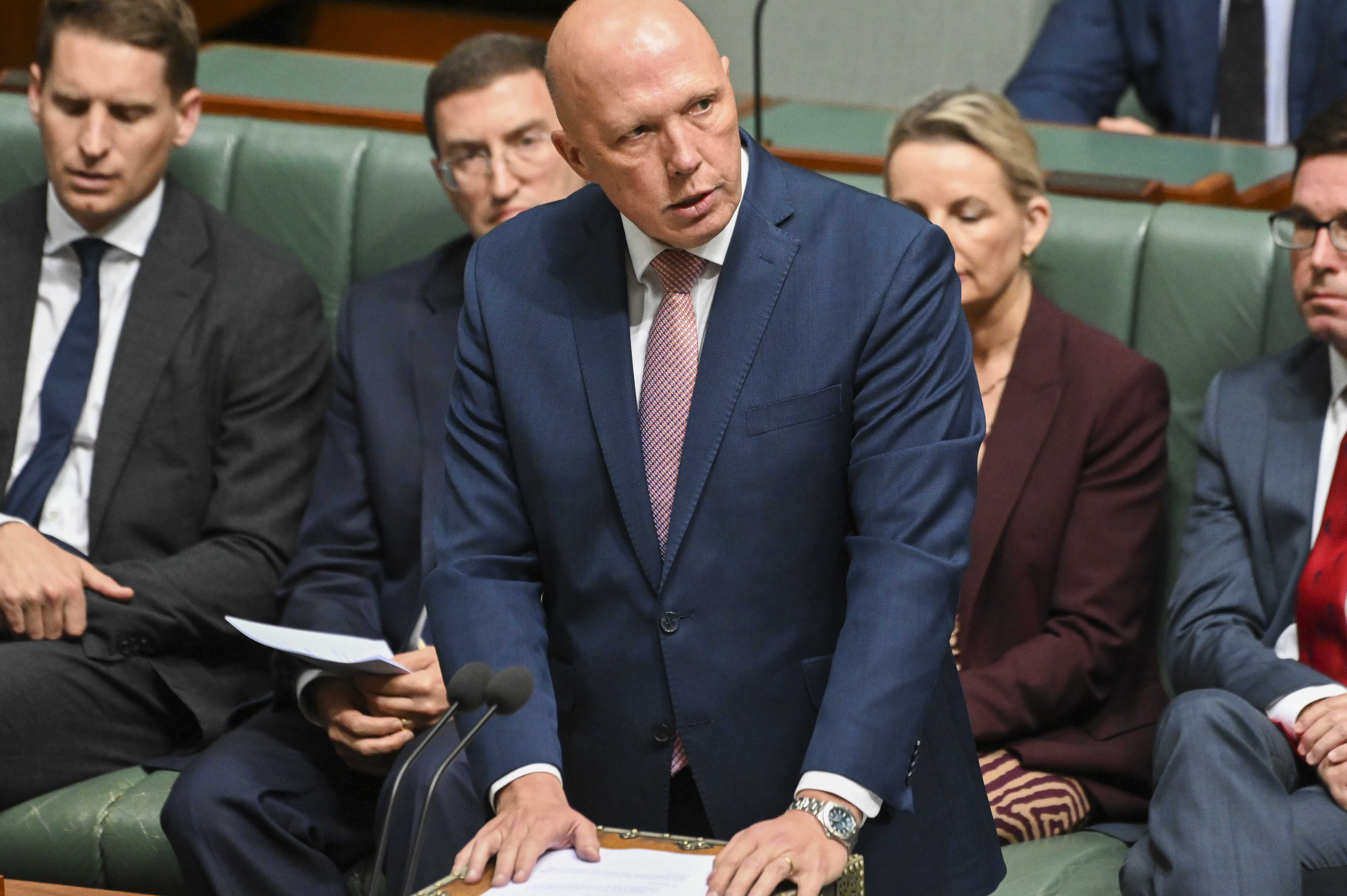 Leader of the Opposition Peter Dutton makes a statement in the House of Representatives at Parliament House on February 13, 2023 in Canberra, Australia. Monday 13 February commemorates the 15th anniversary of National Apology Day, where former Prime Minister Kevin Rudd apologised to Stolen Generations survivors at Parliament House. (Photo by Martin Ollman/Getty Images)