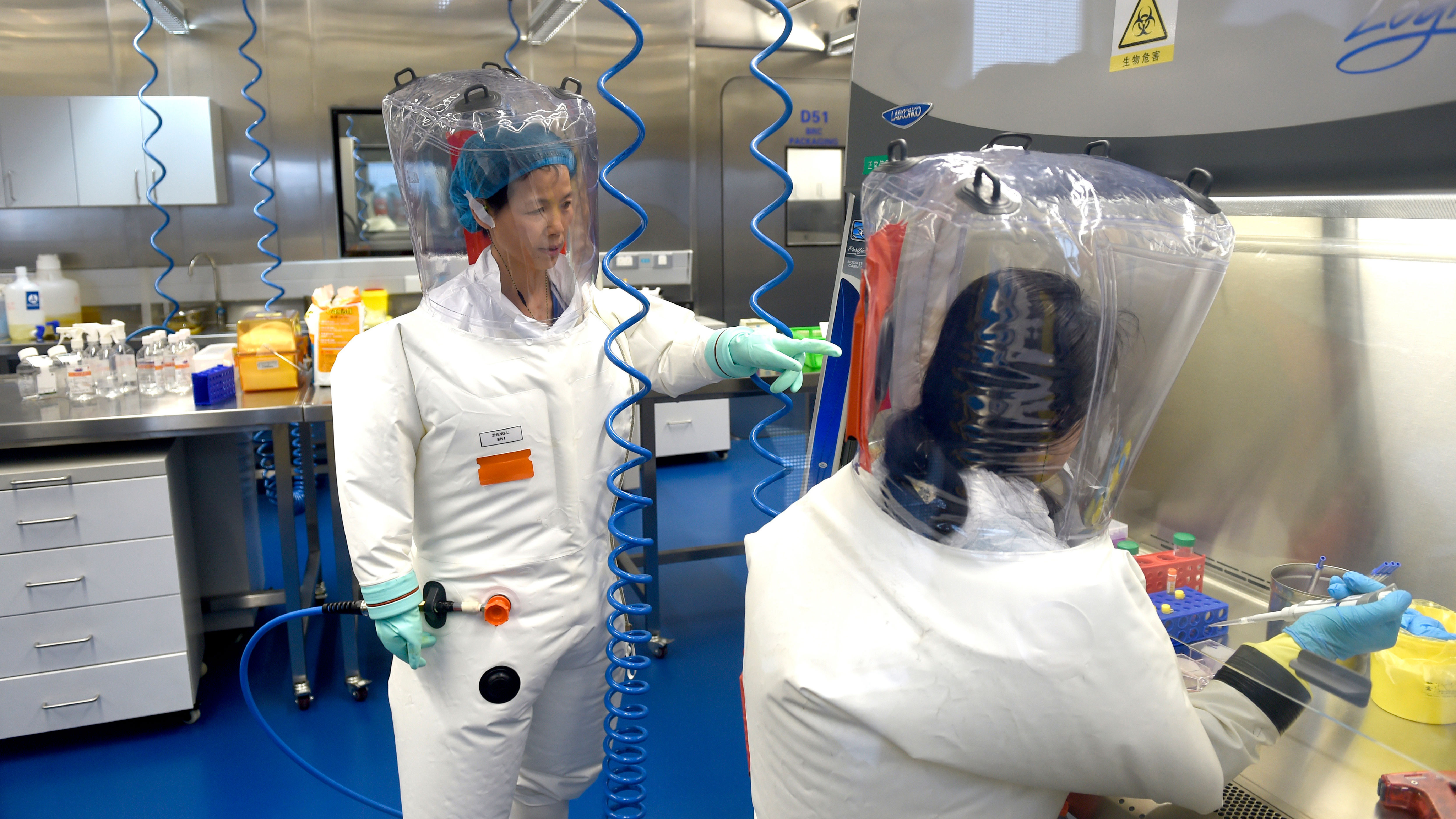 A file photo of researchers in a lab at the Wuhan Institute of Virology in Wuhan in central China's Hubei province in 2017.