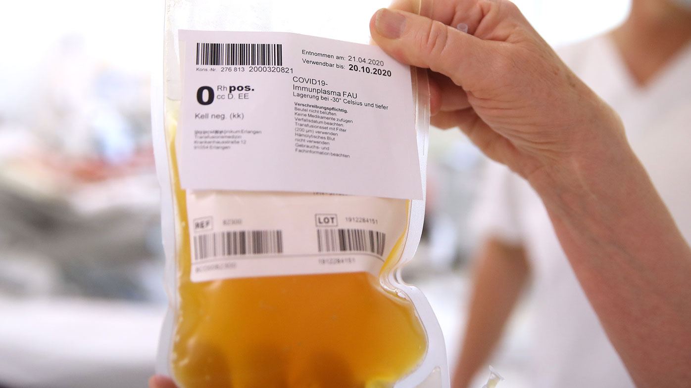 A bag containing blood plasma from a recovered Covid-19 patient.