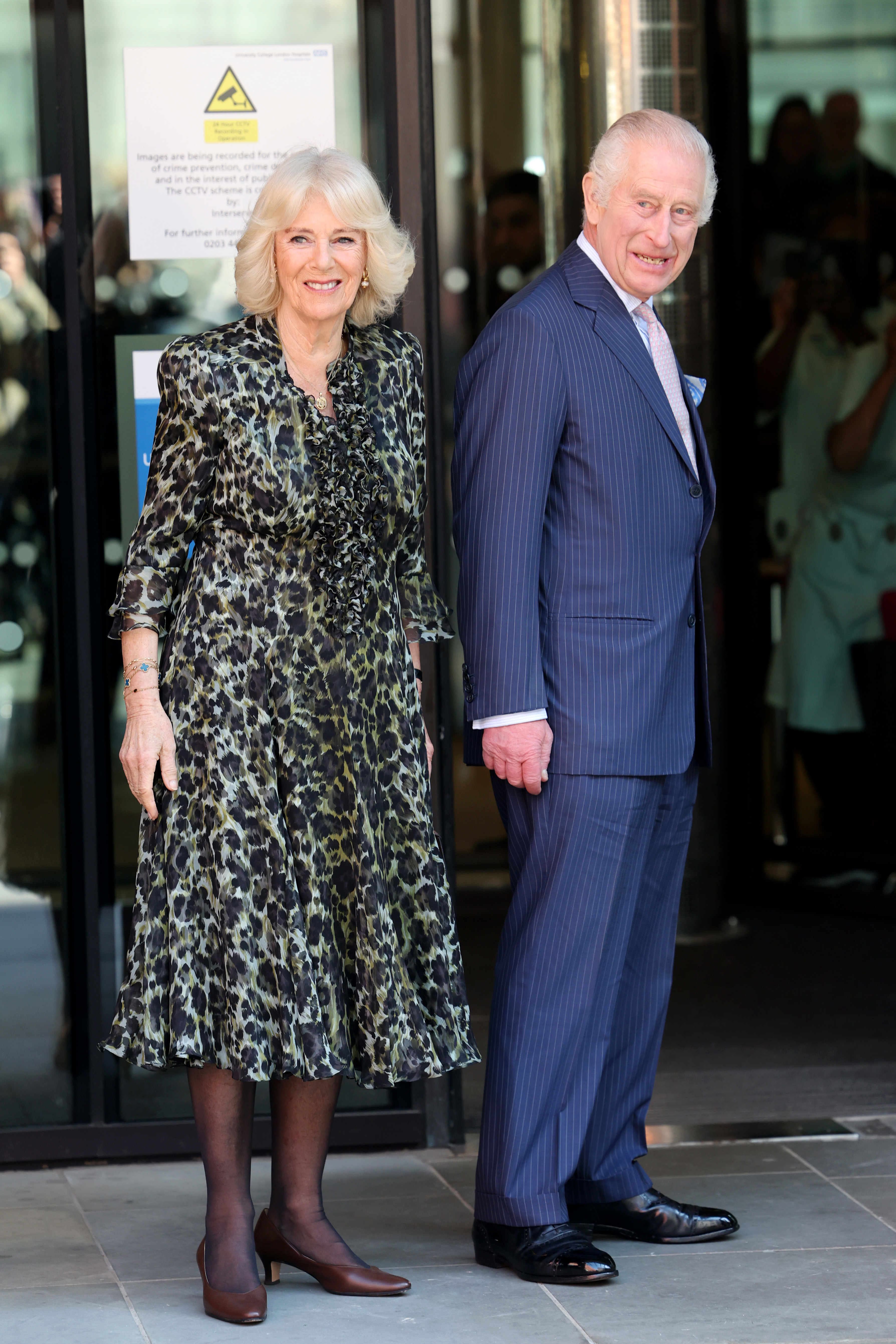Queen Camilla and King Charles III arrive at the University College Hospital Macmillan Cancer Centre on April 30, 2024 in London, England.
