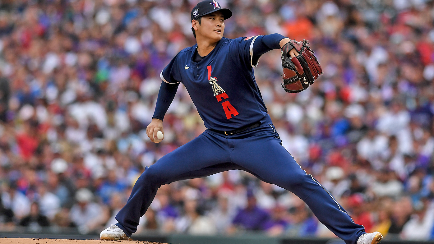 Shohei Ohtani of the Los Angeles Angels works against the National League during the first inning of the MLB All Star Game