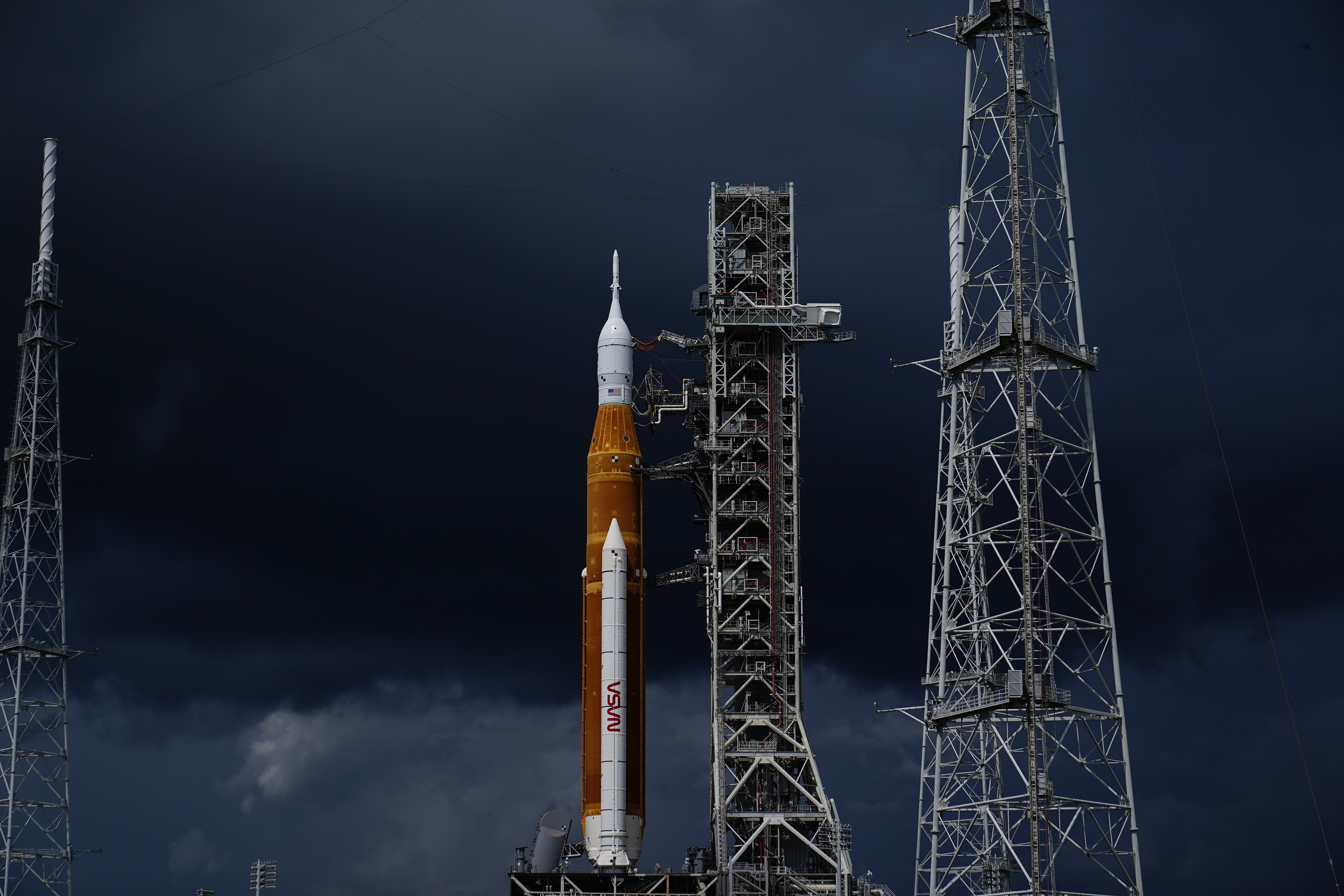 The NASA moon rocket stands on Pad 39B before the Artemis 1 mission to orbit the moon at the Kennedy Space Center, Friday, Sept. 2, 2022, in Cape Canaveral, Fla. (AP Photo/Brynn Anderson)