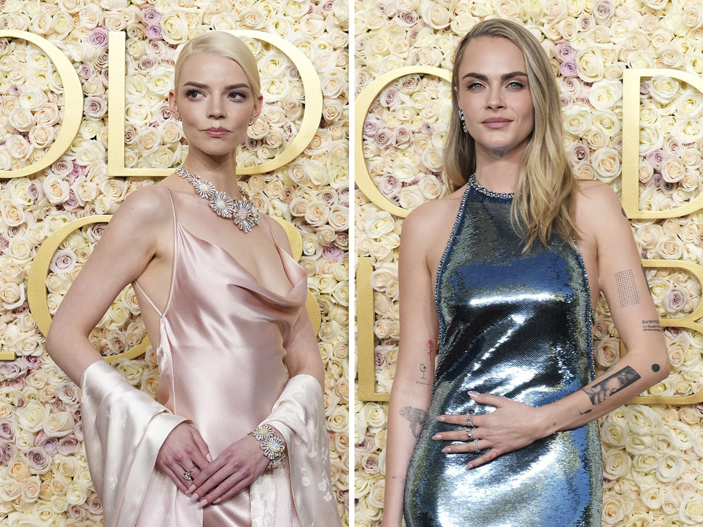 Anya Taylor-Joy and Cara Delevingne arrive at the 82nd Golden Globes on Sunday, Jan. 5, 2025, at the Beverly Hilton in Beverly Hills, Calif.