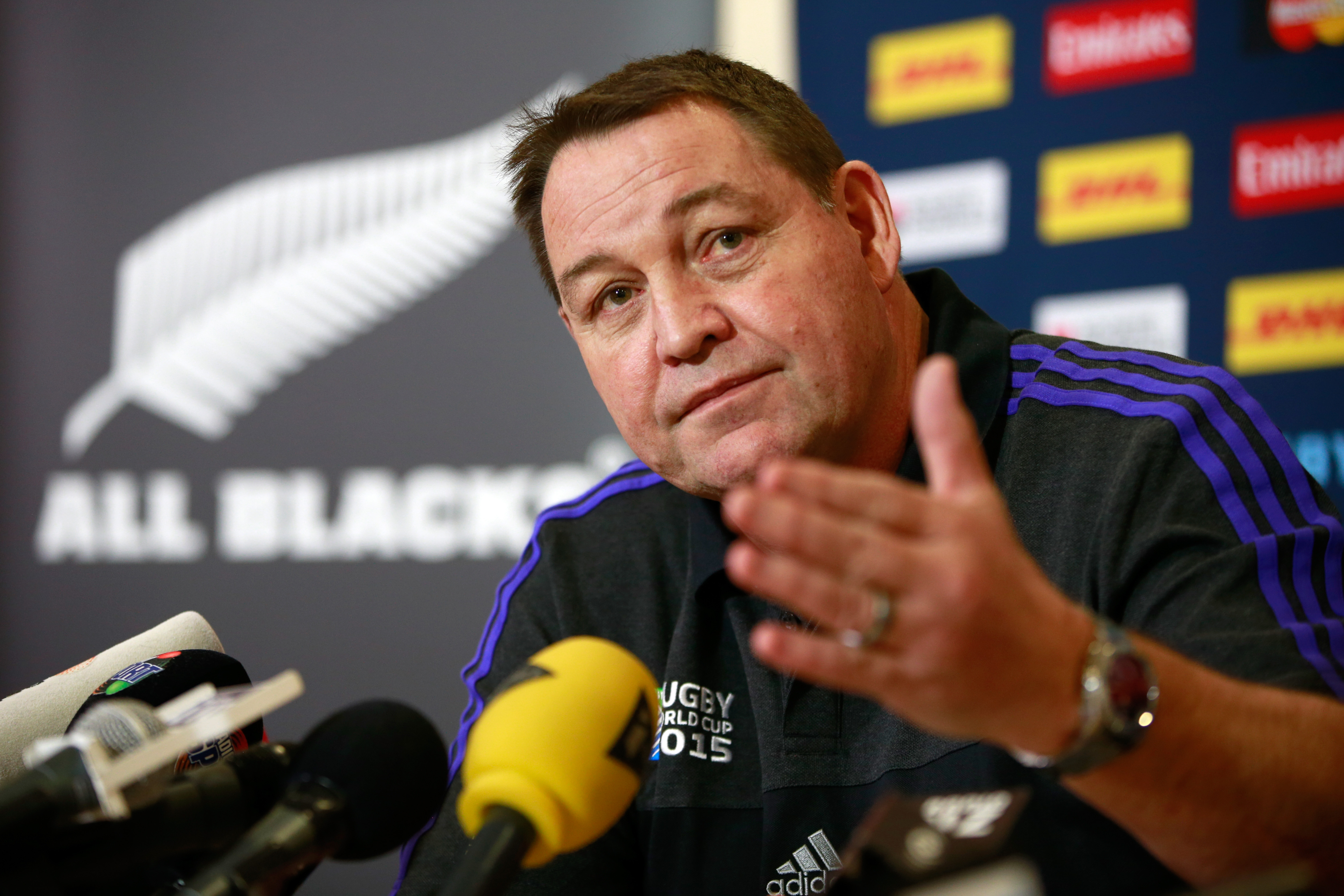 Steve Hansen during an All Blacks media session in London.