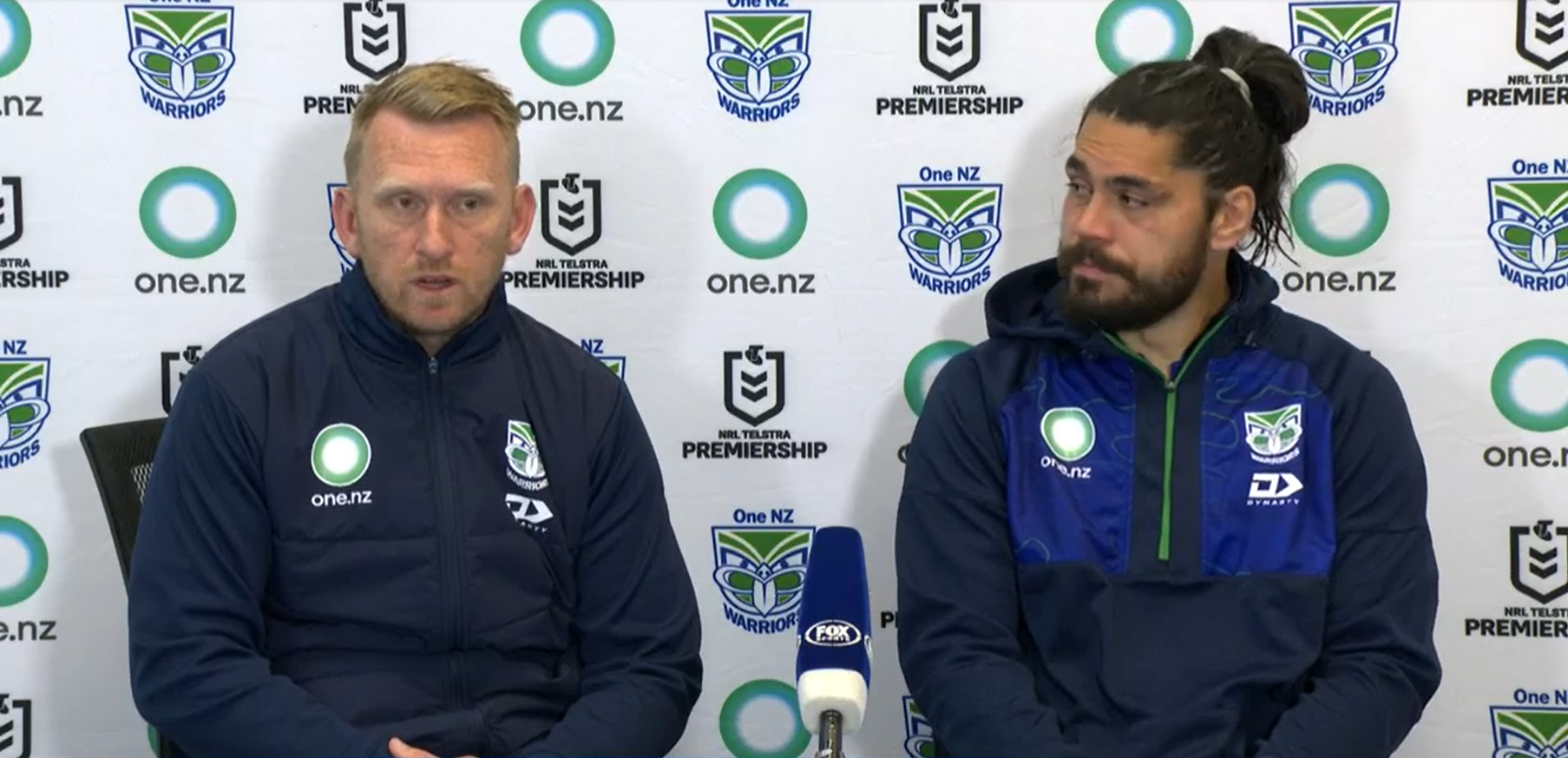 Andrew Webster (left) and Warriors captain Tohu Harris (right).