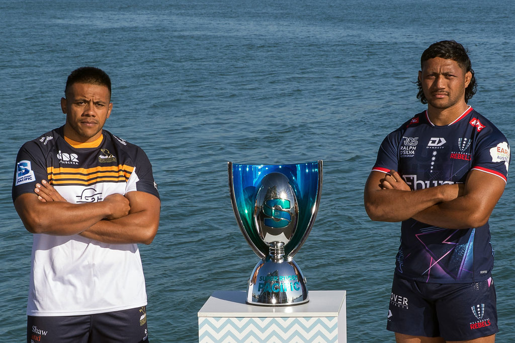 Brumbies captain Allan Alaalatoa and Rebels captain Rob Leota at the 2024 Super Rugby Pacific season launch.