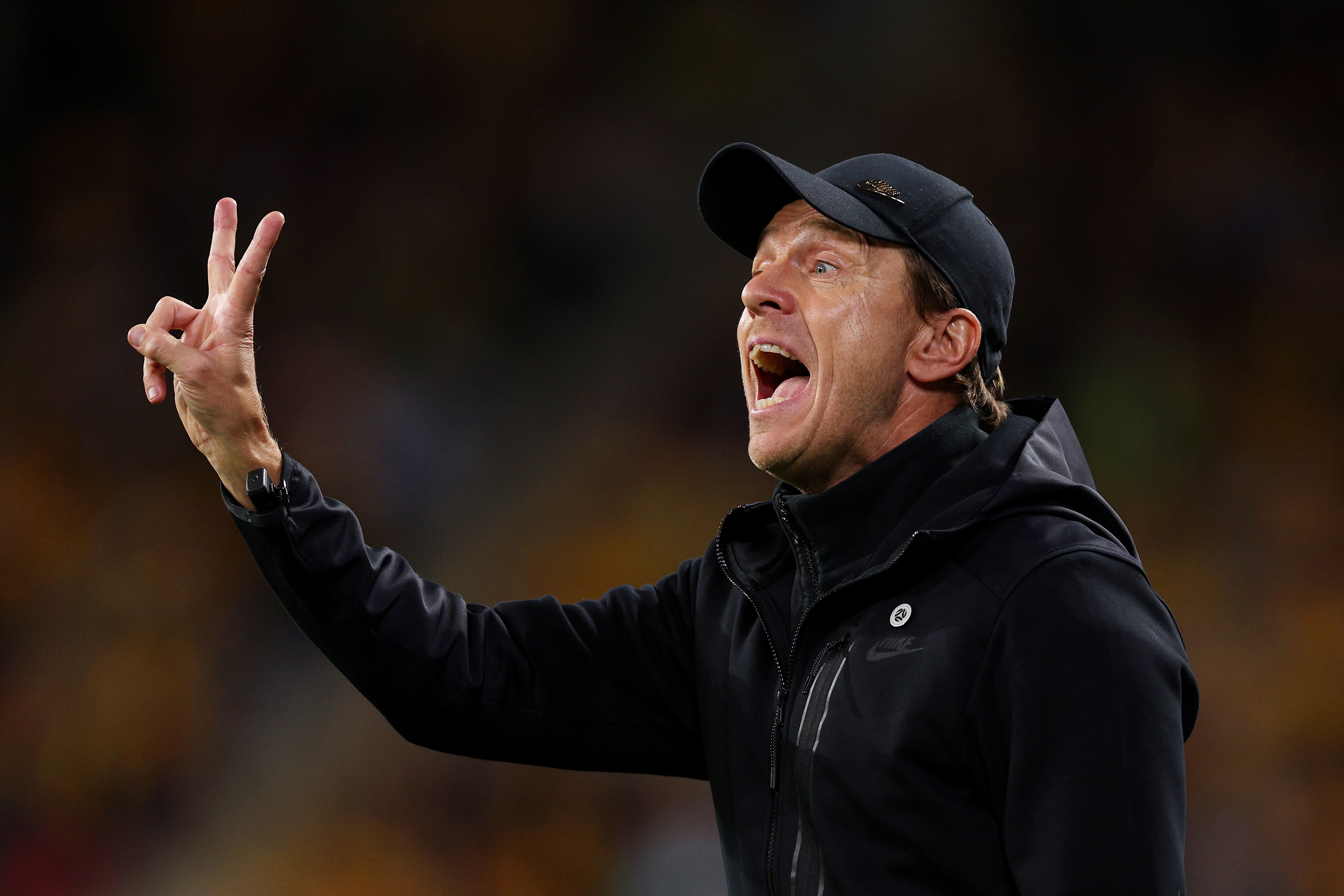 BRISBANE, AUSTRALIA - JULY 27: Tony Gustavsson, Head Coach of Australia, gives the team instructions during the FIFA Women's World Cup Australia & New Zealand 2023 Group B match between Australia and Nigeria at Brisbane Stadium on July 27, 2023 in Brisbane / Meaanjin, Australia. (Photo by Elsa - FIFA/FIFA via Getty Images)