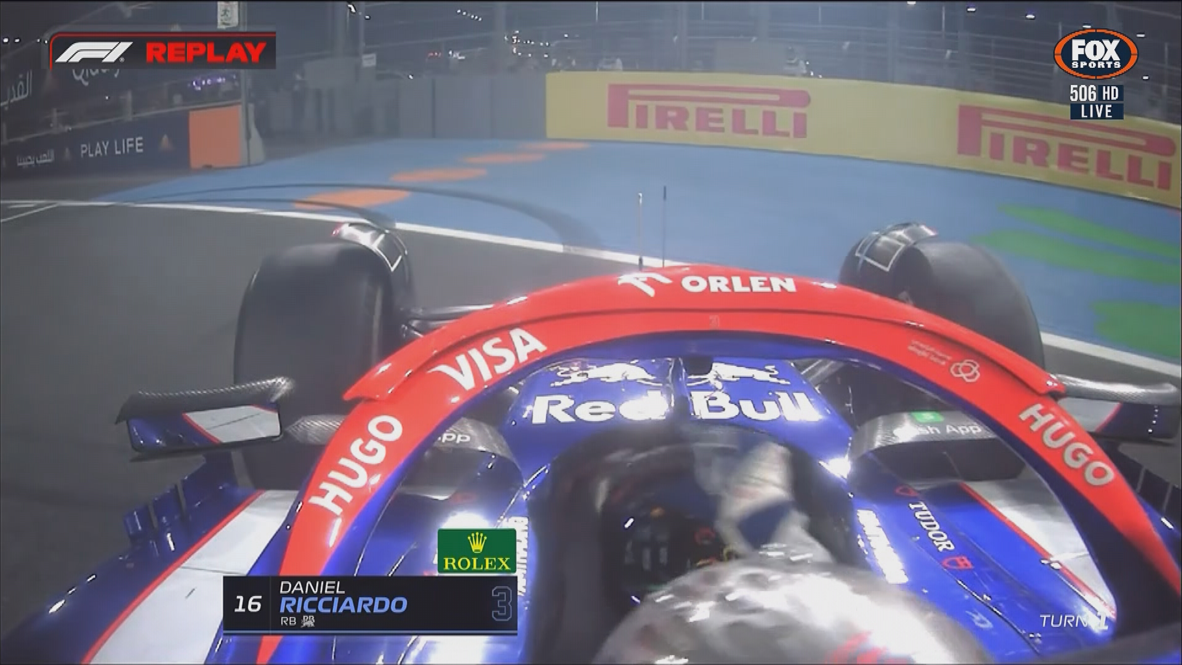 An onboard still from Daniel Ricciardo after he spun late in the Saudi Arabian Grand Prix.