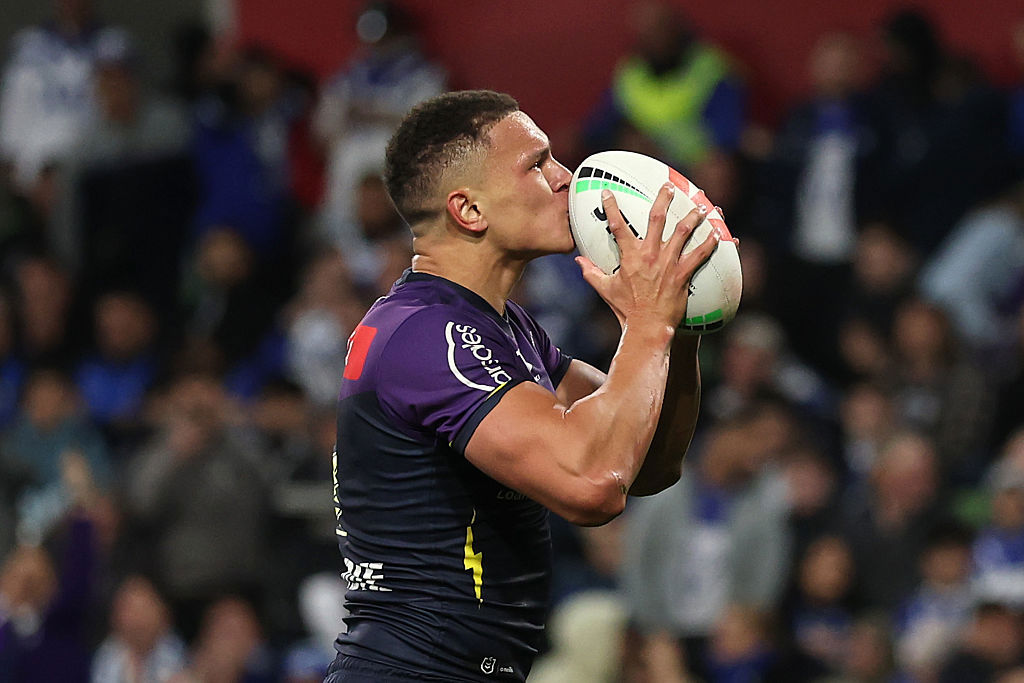 Will Warbrick of the Storm celebrates after scoring a try.