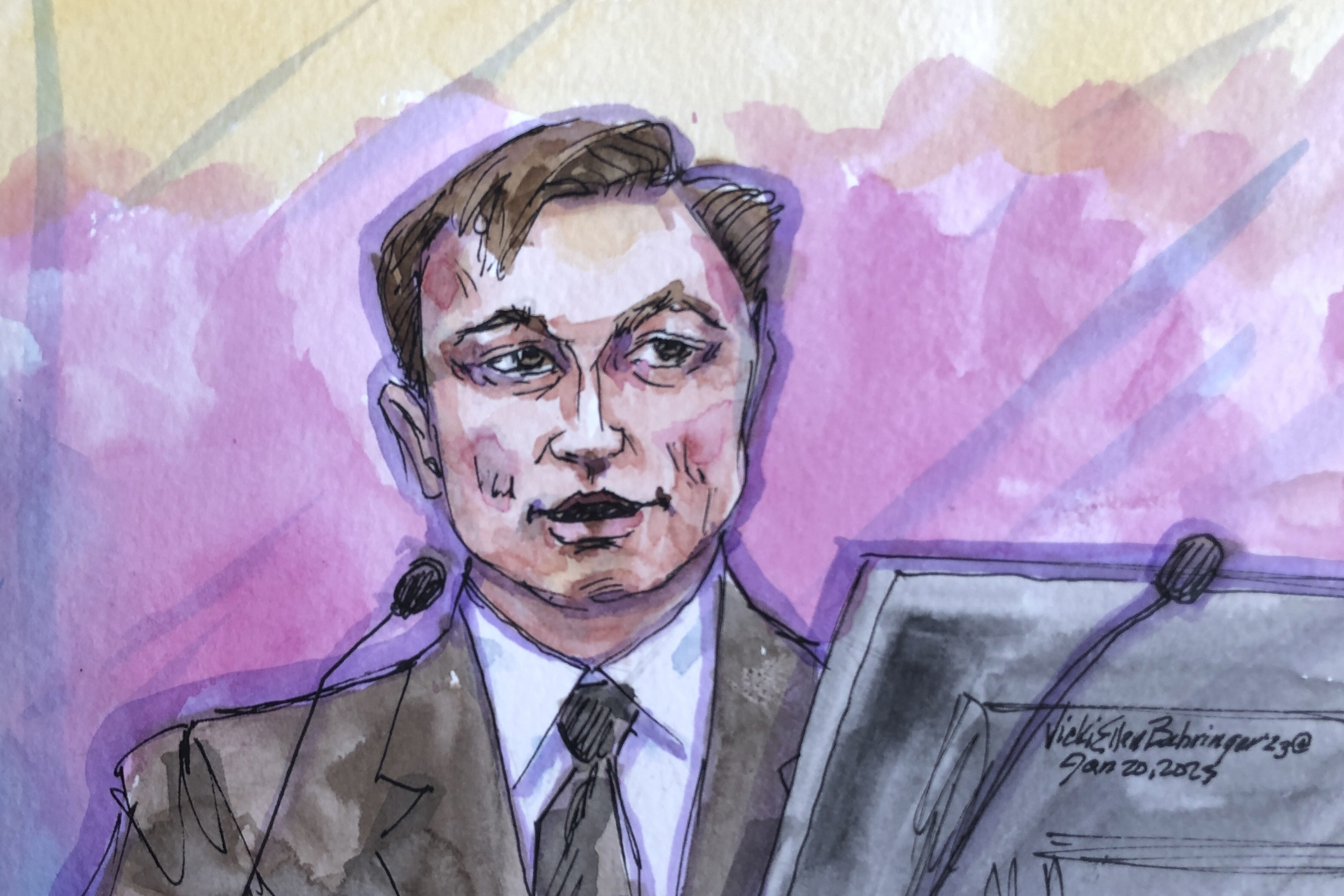 In this courtroom sketch, Elon Musk appears in federal court in San Francisco, Friday, Jan. 20, 2023. Musk took the witness stand to defend a 2018 tweet claiming he had lined up the financing to take Tesla private in a deal that never came close to happening. The tweet resulted in a $40 million settlement with securities regulators. It also led to a class-action lawsuit alleging he misled investors, pulling him into court Friday. (Vicki Behringer via AP)