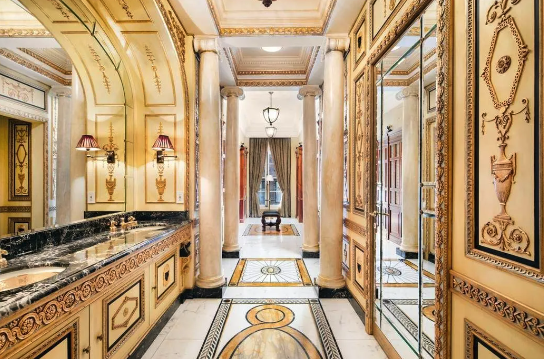 One of the 10 bathrooms in Versace's former stately New York townhouse.