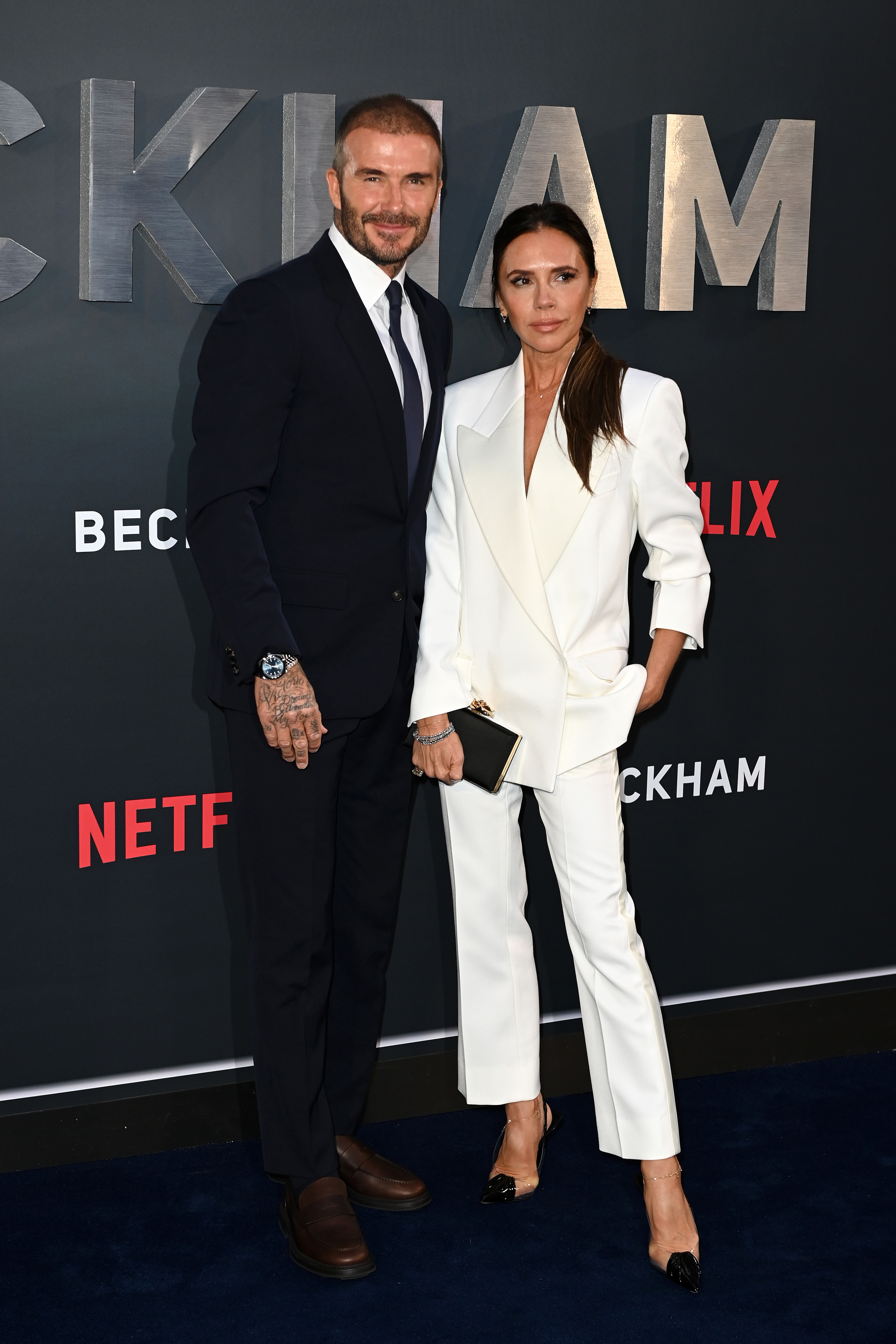 LONDON, ENGLAND - OCTOBER 03: David Beckham and Victoria Beckham attend the "Beckham" Premiere at The Curzon Mayfair on October 03, 2023 in London, England. (Photo by Kate Green/Getty Images)