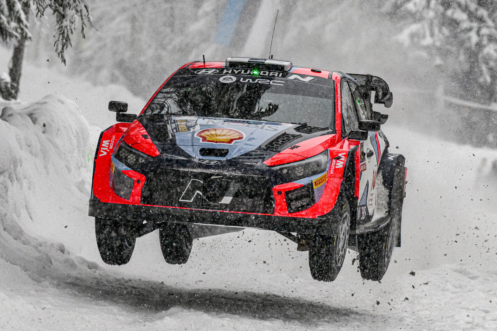 Esapekka Lappi of Finland and Janne Ferm of Finland compete with their Hyundai i20 N Rally1 Hybrid in Rally Sweden. Umea, Sweden.