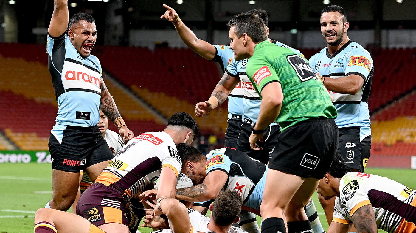 Jesse Ramien of the Sharks celebrates scoring a try during the round 24 NRL match between the Cronulla Sharks and the Brisbane Broncos at Suncorp Stadium, on August 28, 2021, in Brisbane, Australia. (Photo by Bradley Kanaris/Getty Images)