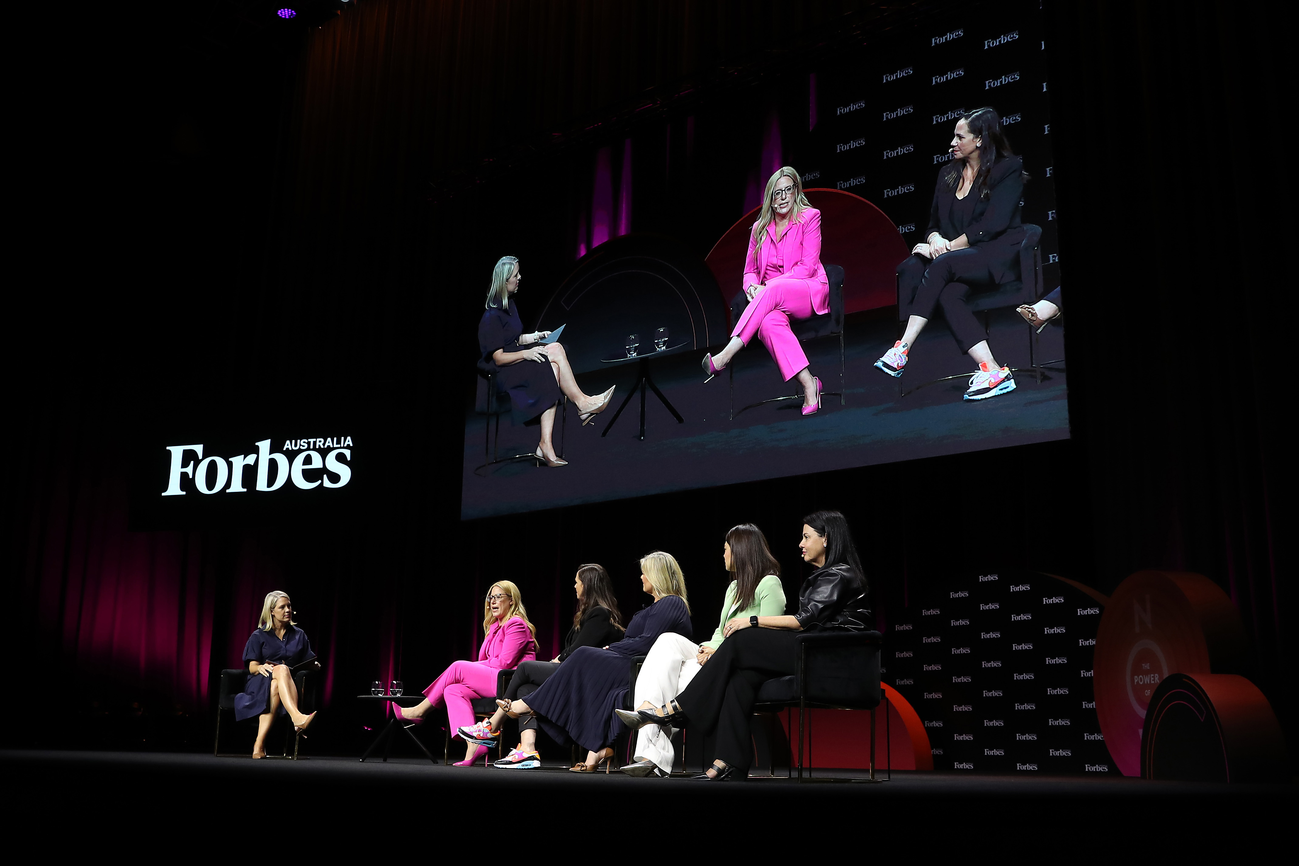 Power of Leadership panel Maria Lykouras, Melanie Silva, Martina Crowley, Sarah Liu and Jane Huxley during at the Forbes Australia Women's Summit at ICC Sydney on March 22, 2023 in Sydney, Australia. Forbes Australia Women's Summit, presented by NAB Private Wealth.  (Photo by Brendon Thorne/Getty Images for Forbes Australia)
