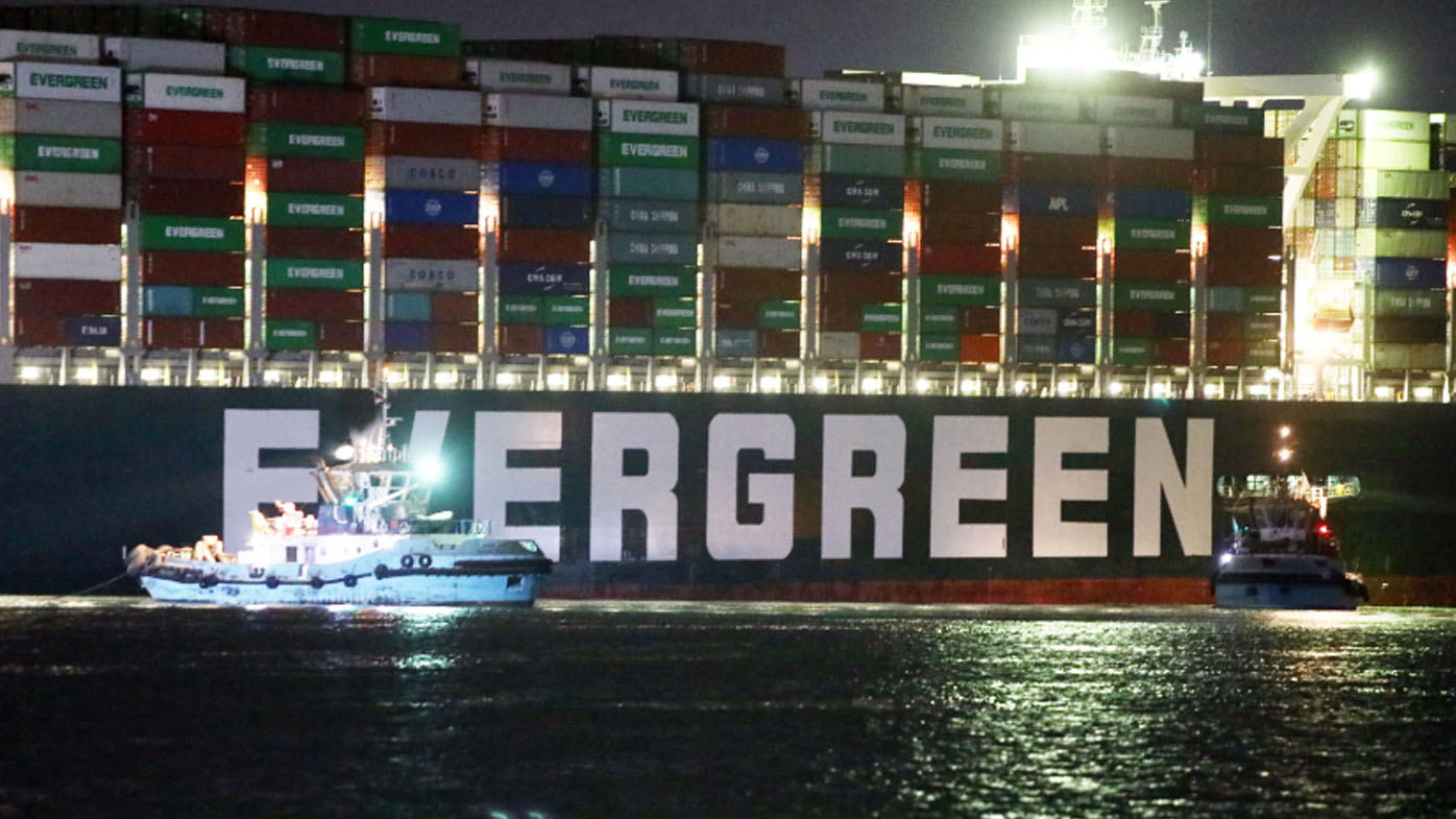 Ever Given, a Panama-flagged cargo ship, that is wedged across the Suez Canal and blocking traffic in the vital waterway.