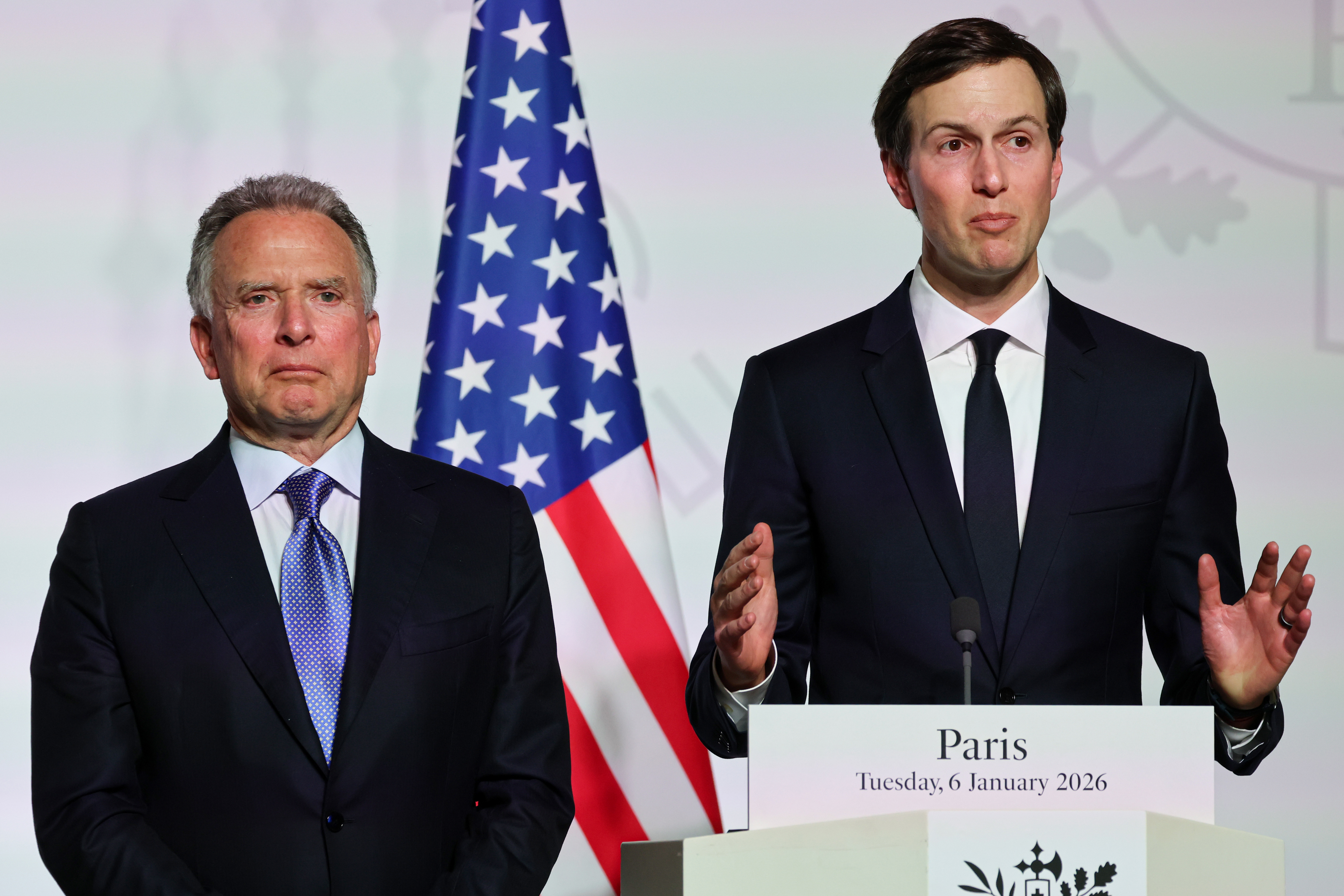 US envoy Steve Witkoff, left, and US businessman Jared Kushner attend a press conference after the signing of the declaration on deploying post-ceasefire force in Ukraine during the 'Coalition of the Willing' summit on security guarantees for Ukraine, at the Elysee Palace in Paris, Tuesday, Jan 6, 2026. (Ludovic Marin, Pool photo via AP)