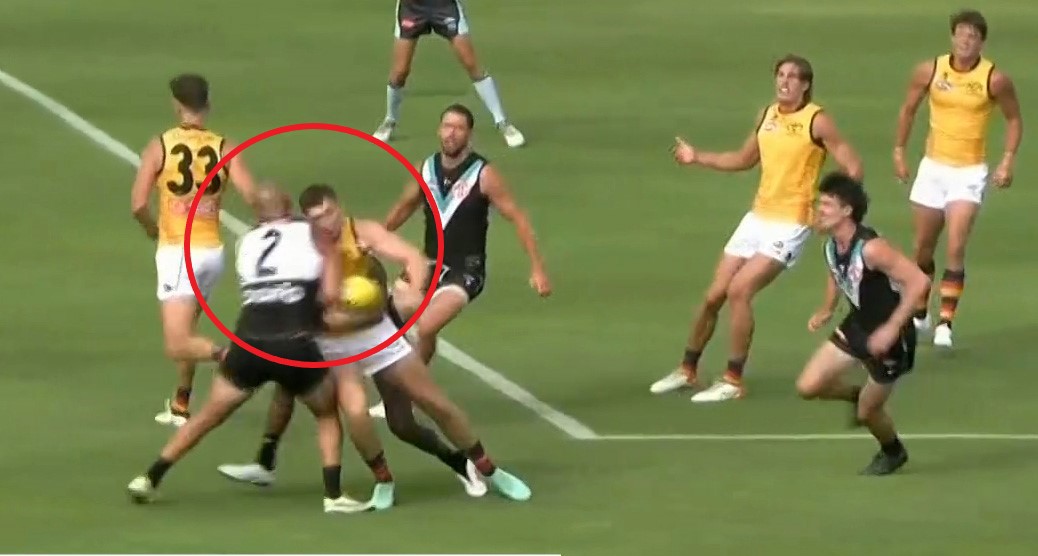 Sam Powell-Pepper is in strife for his hit on Mark Keane.