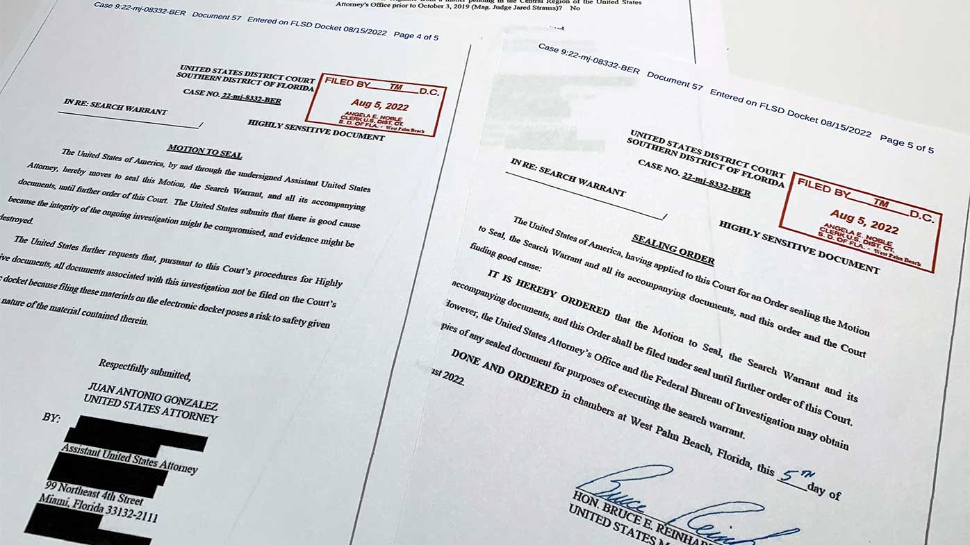 Documents related to the search warrant for former President Donald Trump's Mar-a-Lago estate.