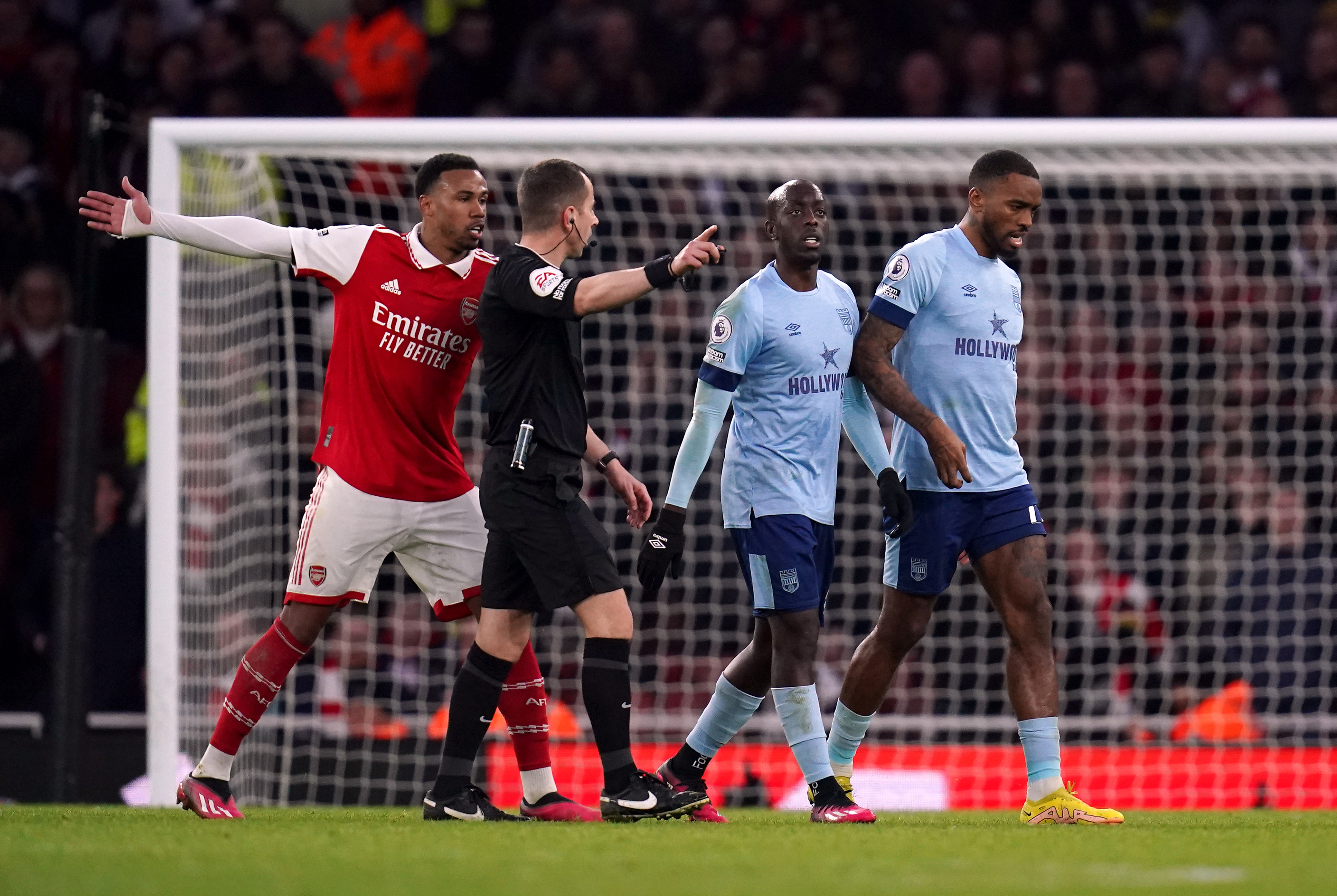Brentford's Ivan Toney is hurried off the pitch by referee Peter Bankes as he is substituted during the Premier League match at the Emirates Stadium, London. Picture date: Saturday February 11, 2023. (Photo by John Walton/PA Images via Getty Images)