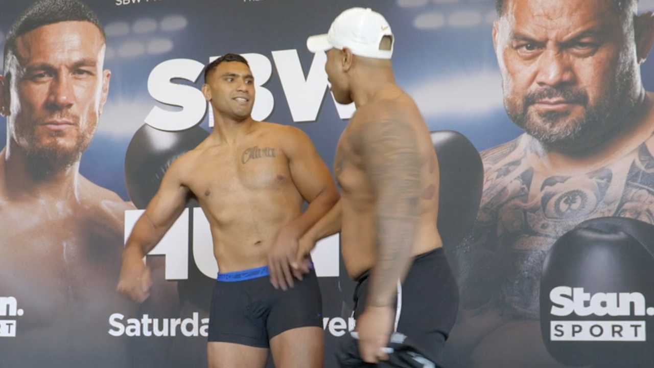 Tevita Pangai Jr and his heavyweight opponent Jeremiah Tupai-Ui came face-to-face during Friday's pre-fight weigh-in.