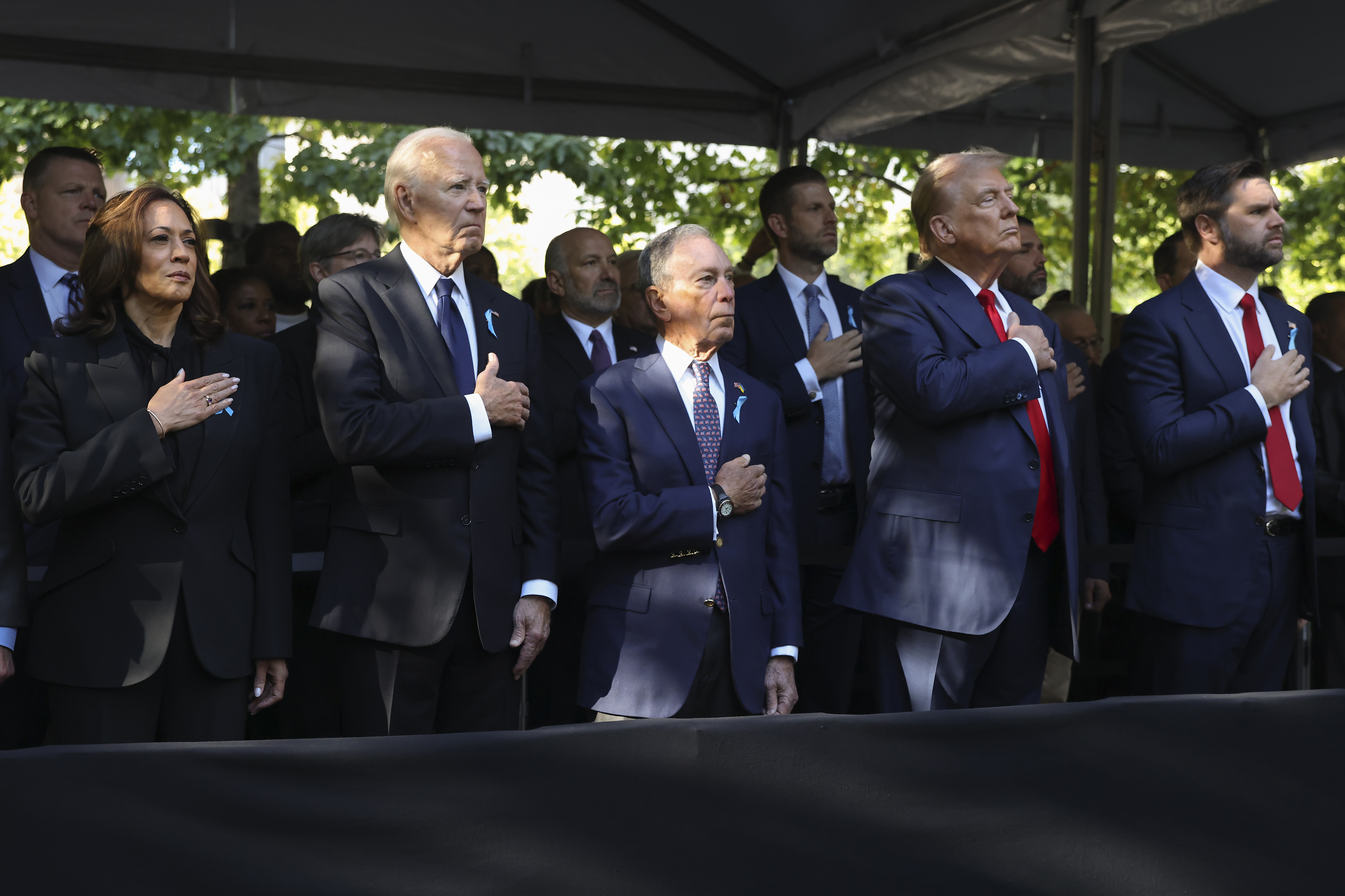 L-R: Democratic presidential nominee Vice President Kamala Harris, US President Joe Biden, Michael Bloomberg, Republican presidential nominee former US President Donald Trump and Republican vice presidential nominee Sen. JD Vance