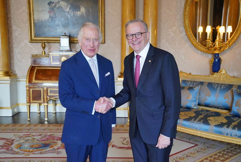 King Charles III hosts an audience with Prime Minister Anthony Albanese at Buckingham Palace on May 2, 2023 in London.