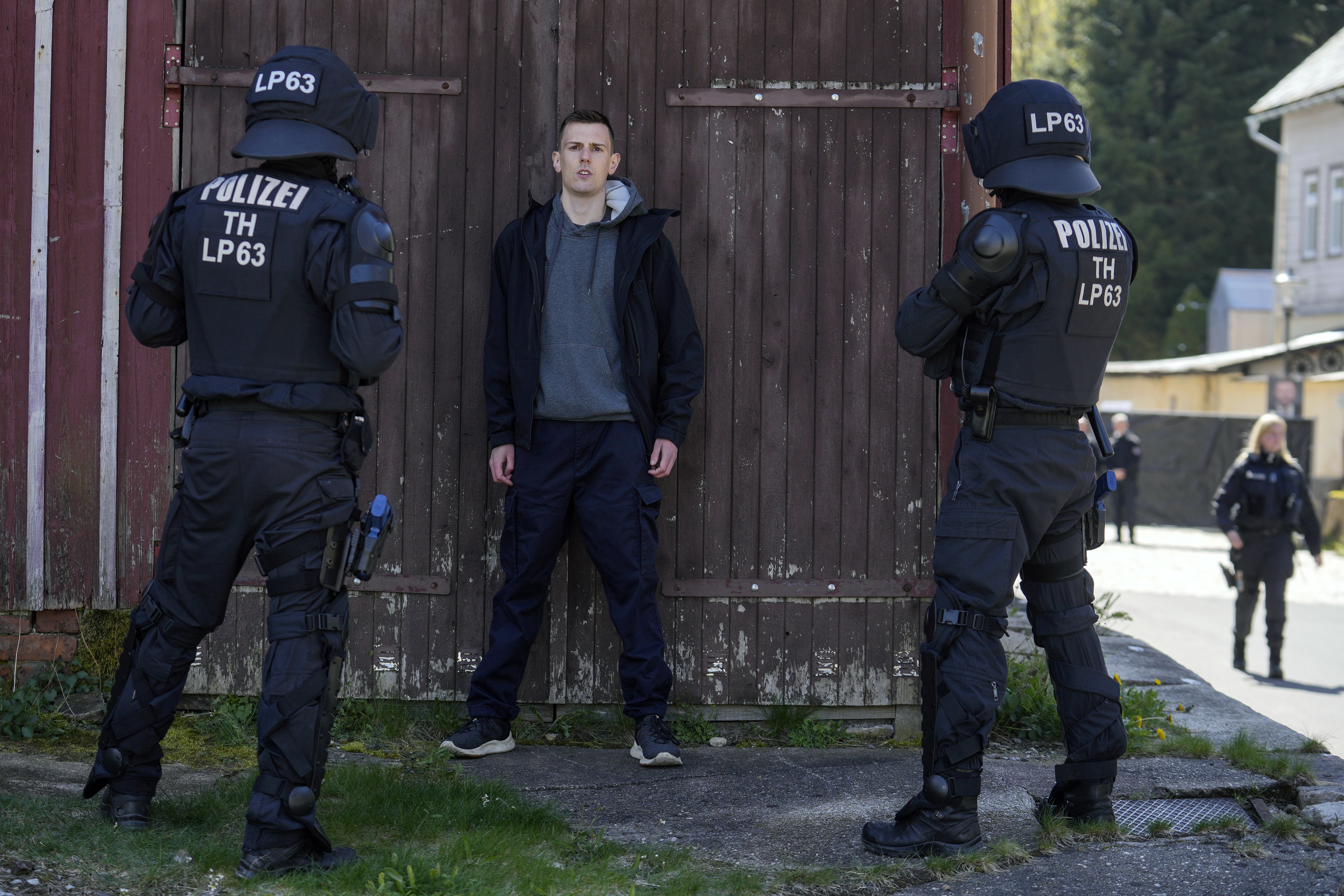 Hundreds of German local state police and federal police practice tactics in preparation for the European Championship in the village of Stützerbach.