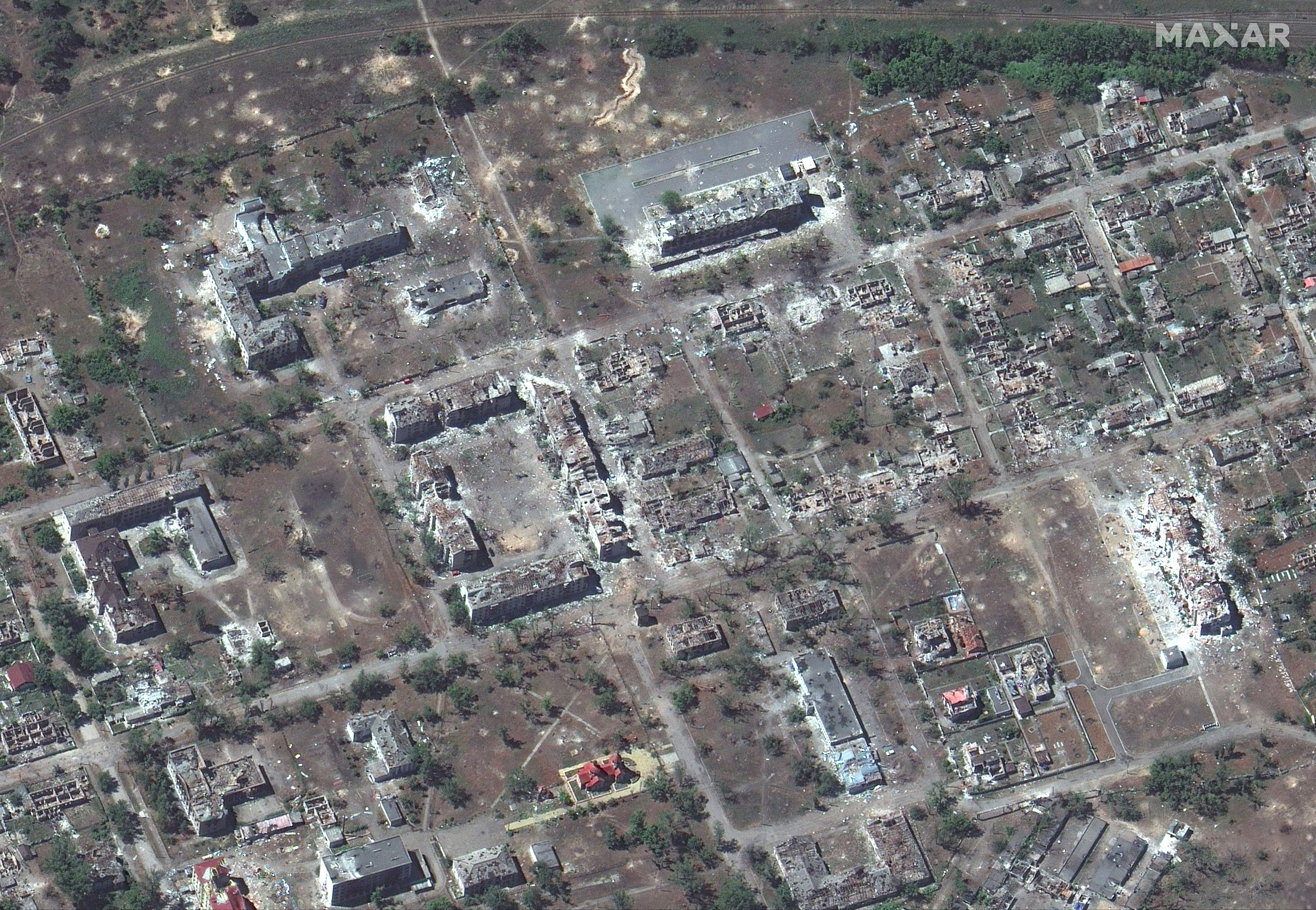 This satellite image provided by Maxar Technologies shows destroyed buildings in Rubizhne, Ukraine near Severodonetsk, on Monday, June 6, 2022.