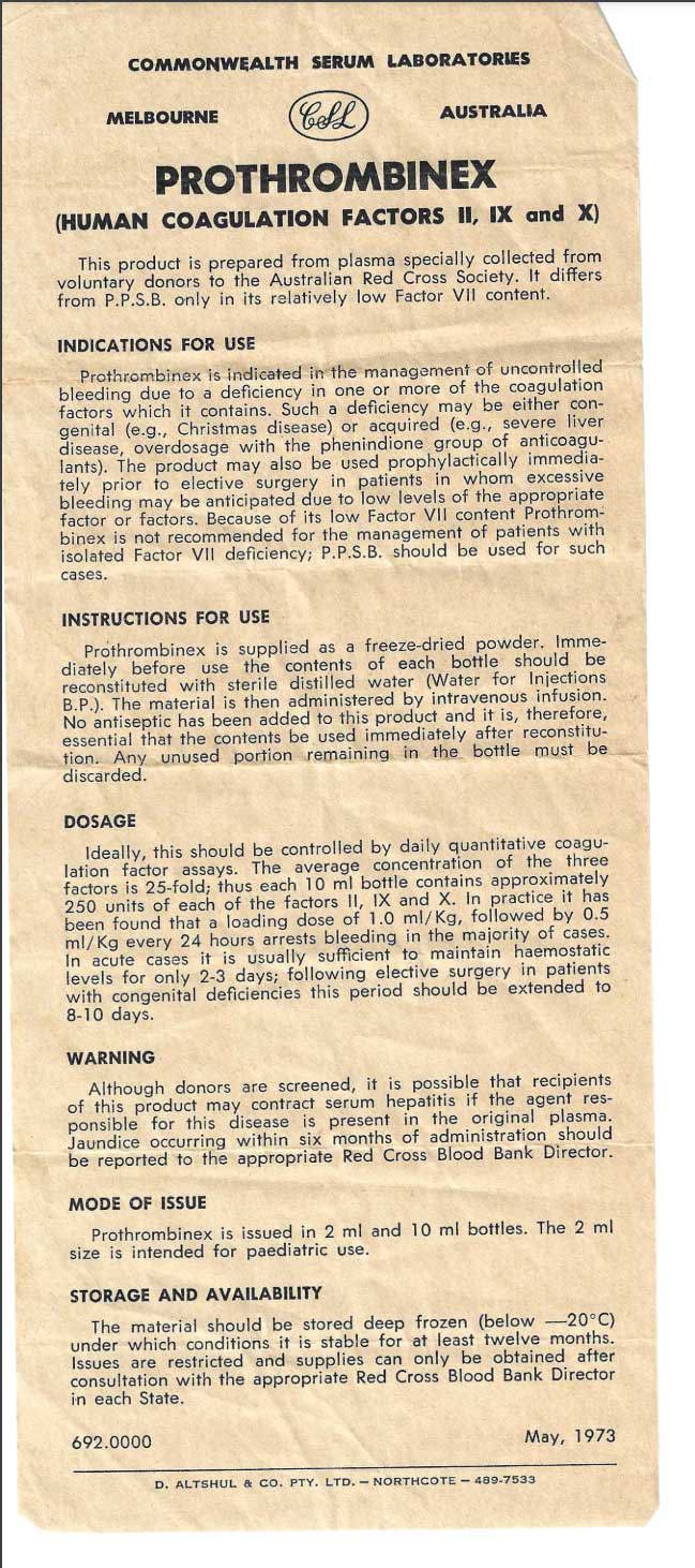 A CSL drug information leaflet for Prothrombinex, dated May 1973, warns of the risk of hepatitis infection. 