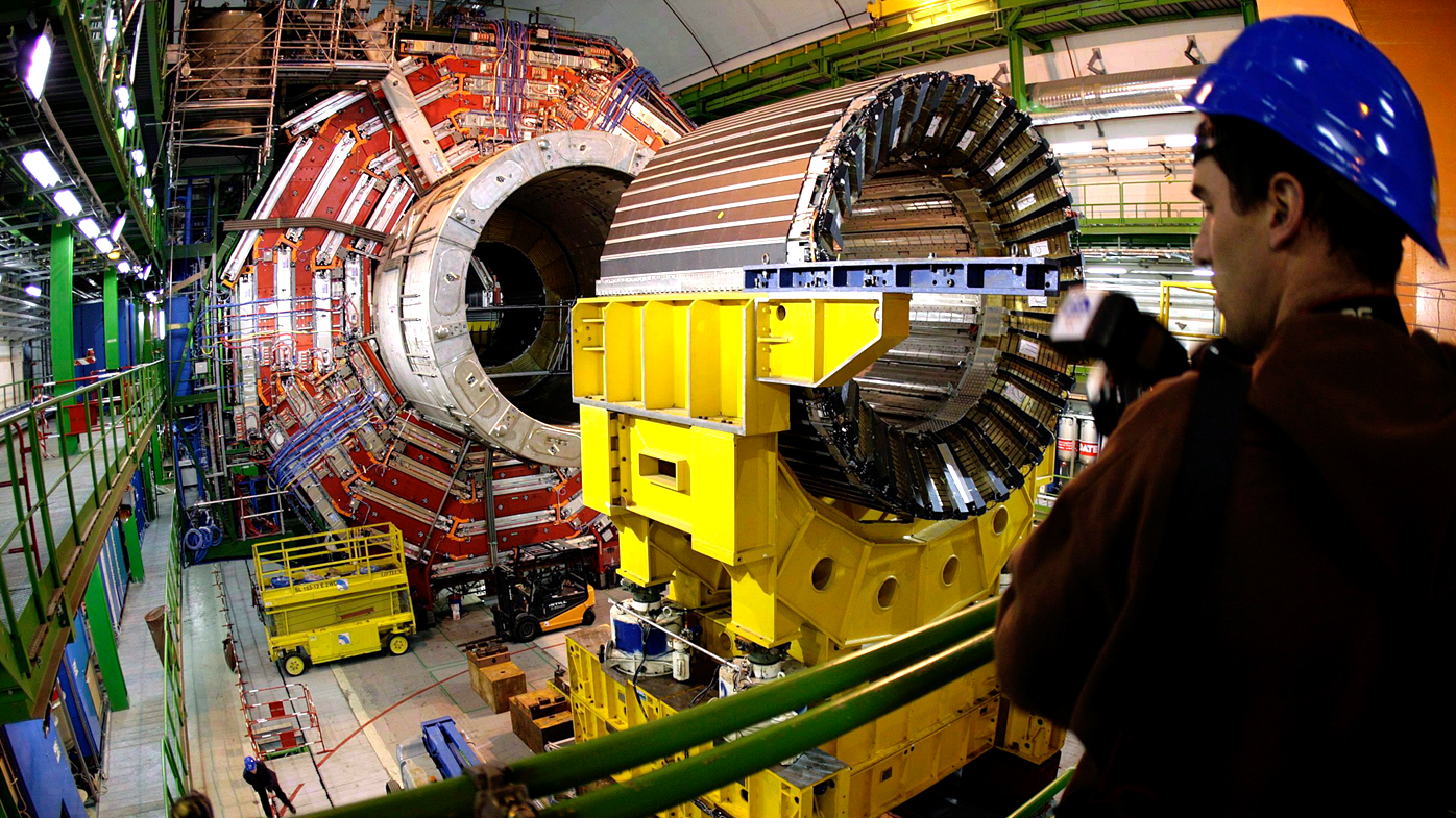 The magnet core of the world's largest superconducting solenoid magnet at the European Organisation for Nuclear Research (CERN)'s Large Hadron Collider particule accelerator in Geneva, Switzerland.