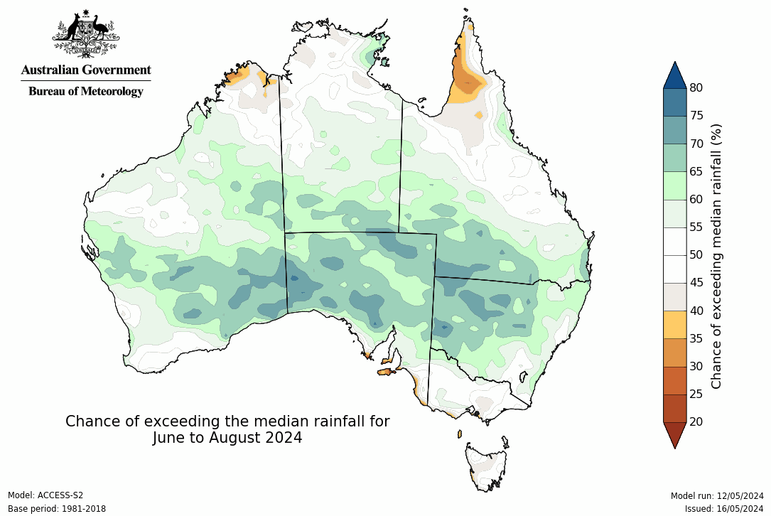 A map showing what parts of Australia are likely to exceeding the median rainfall in winter.