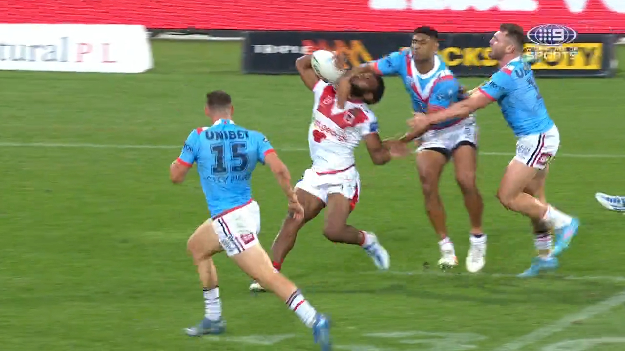 Daniel Tupou avoided the sin bin despite this high tackle.