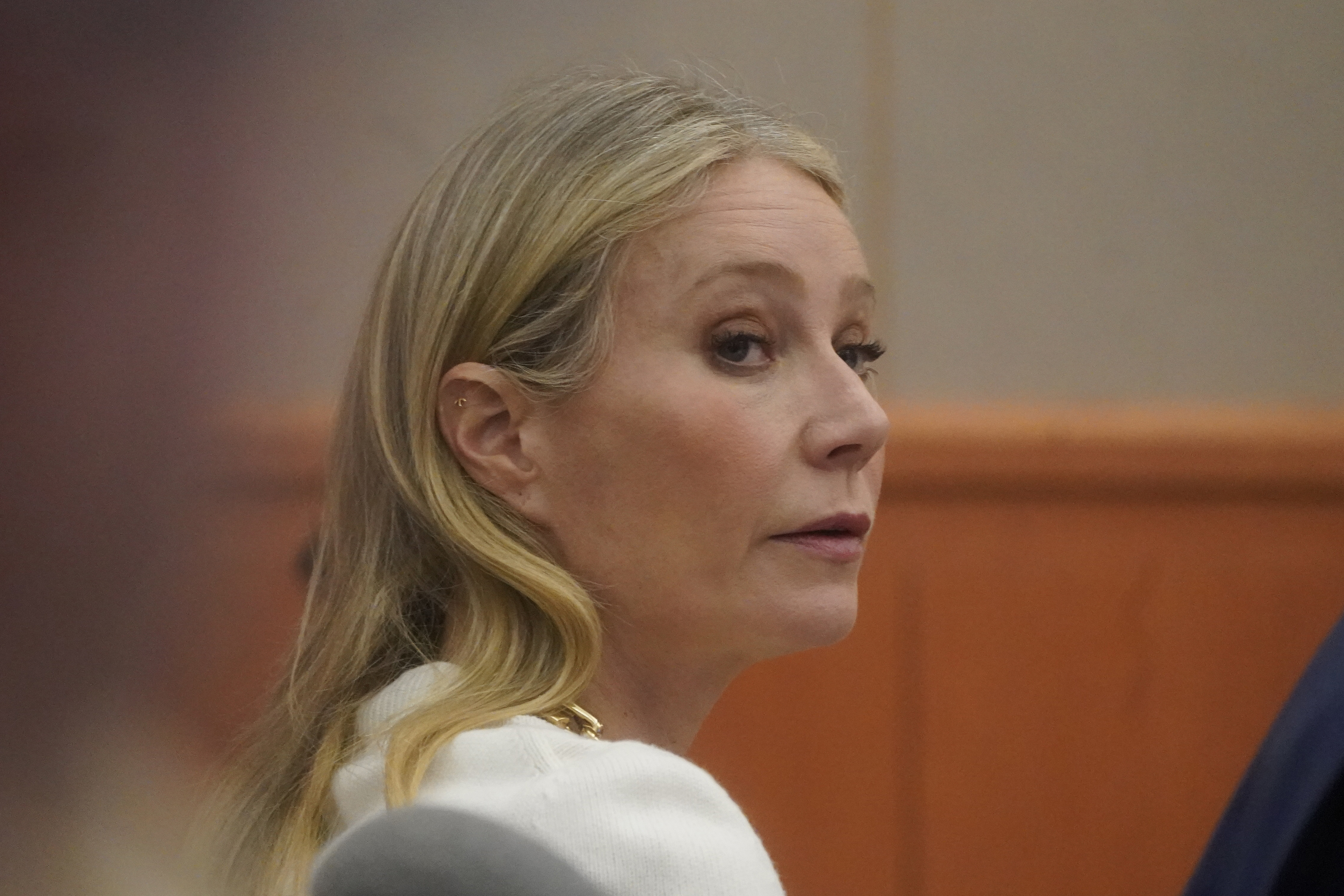 Actor Gwyneth Paltrow looks on as she sits in the courtroom on Wednesday, March 22, 2023, in Park City, Utah.  Doctors and family members are beginning to testify on the second day of trial in Utah