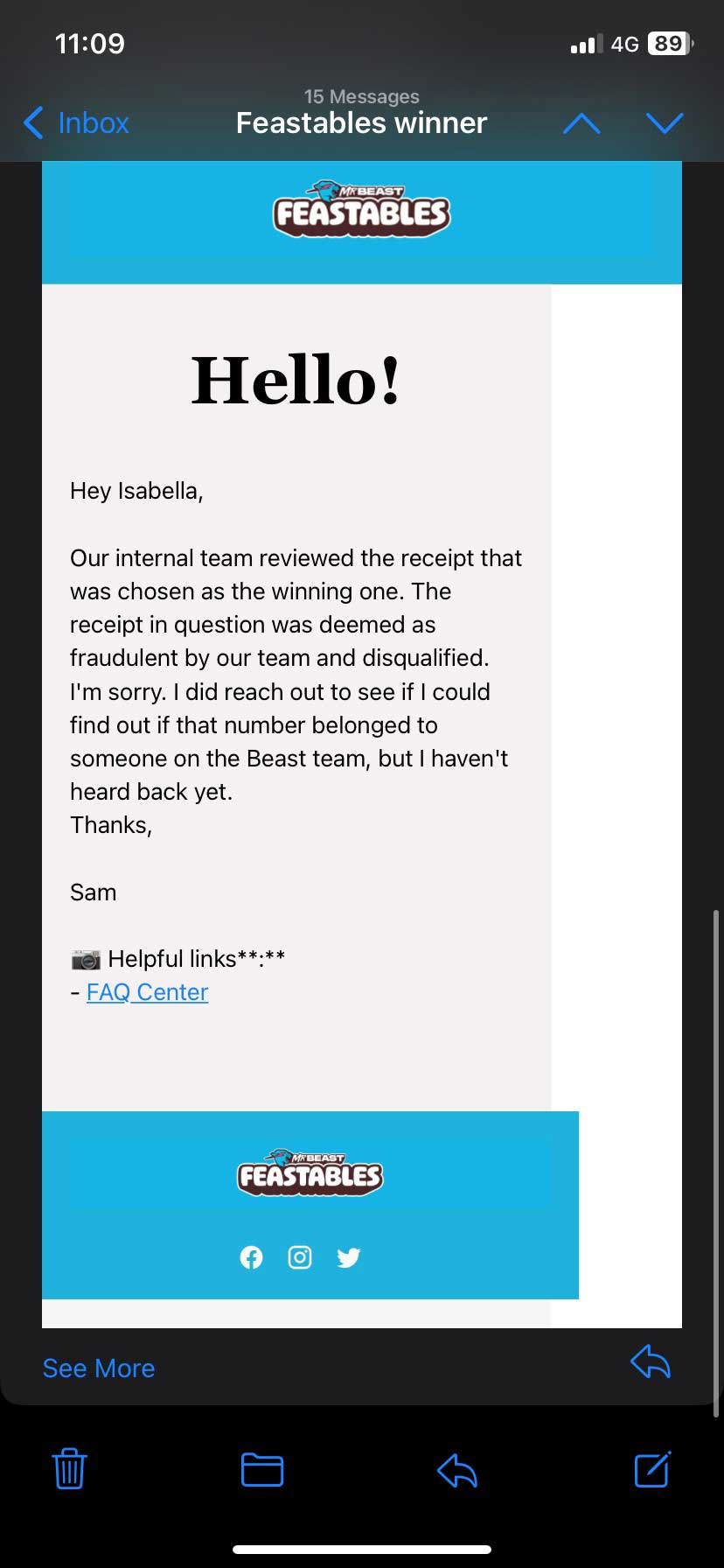 Part of an email exchange in which Isabella Wilson was informed her entry had been disqualified.