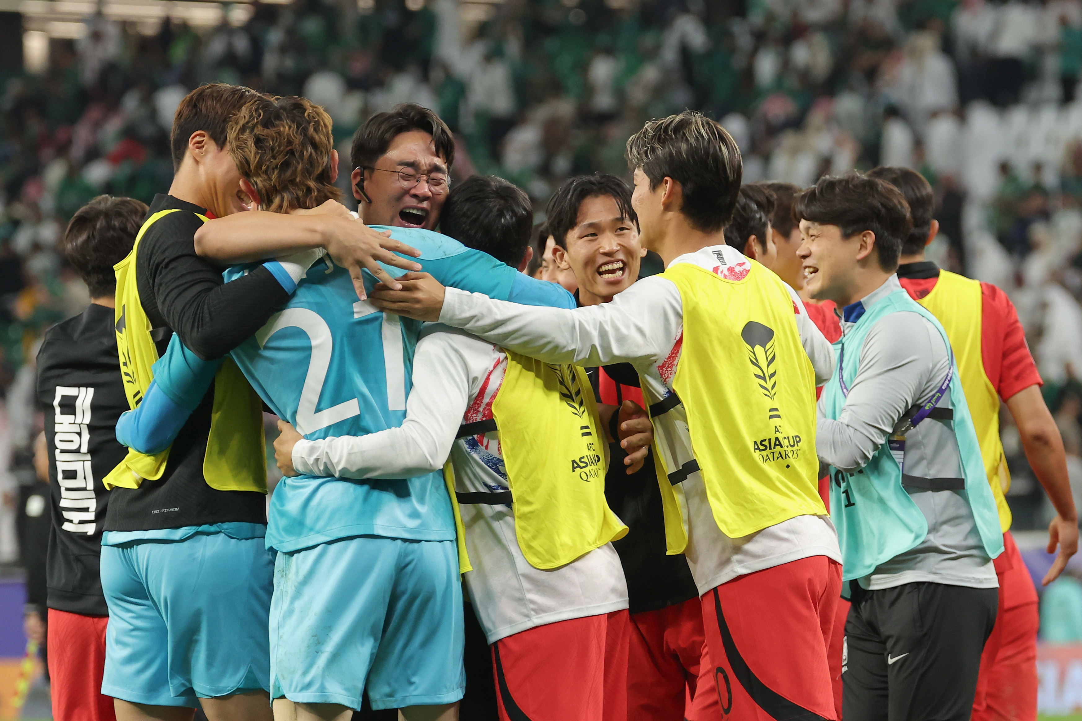 Players of South Korea celebrate victory after the penalty shootout during the Asian Cup against Saudi Arabia.