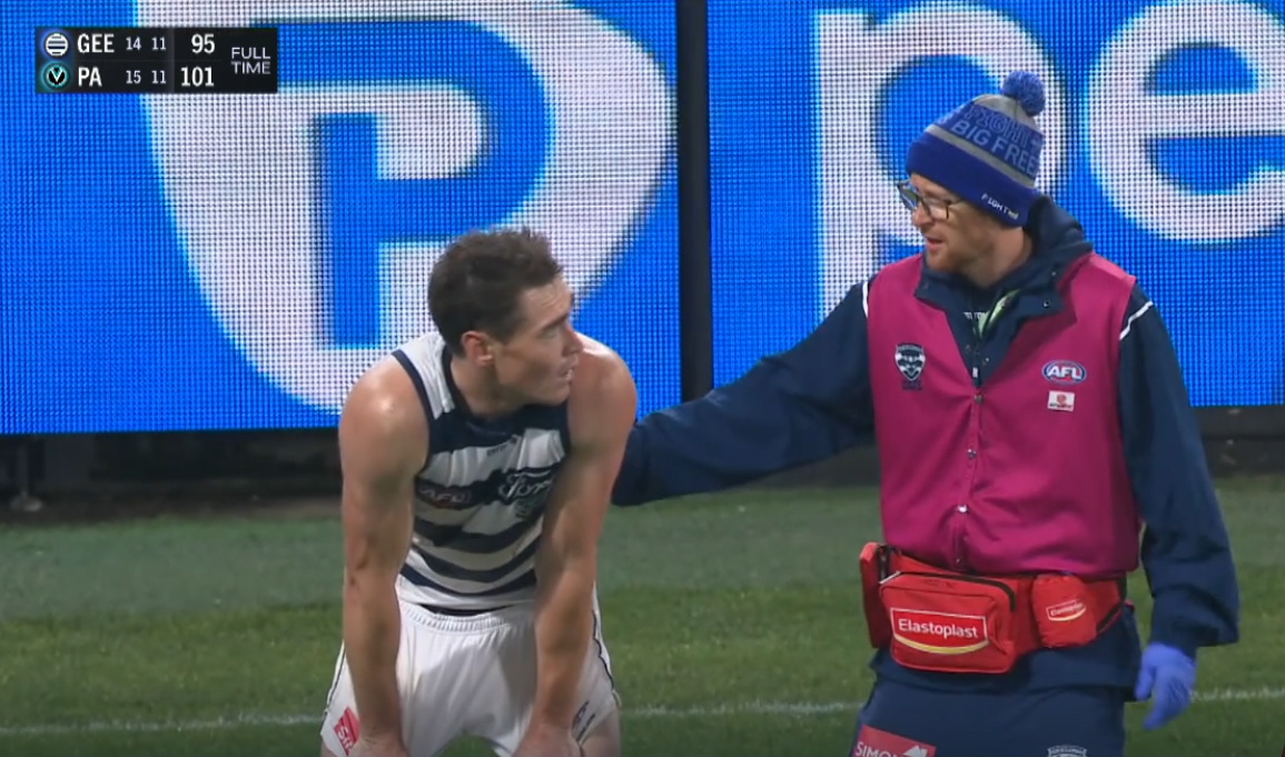 Cameron was down on the turf for a few extra seconds after falling from a marking contest.