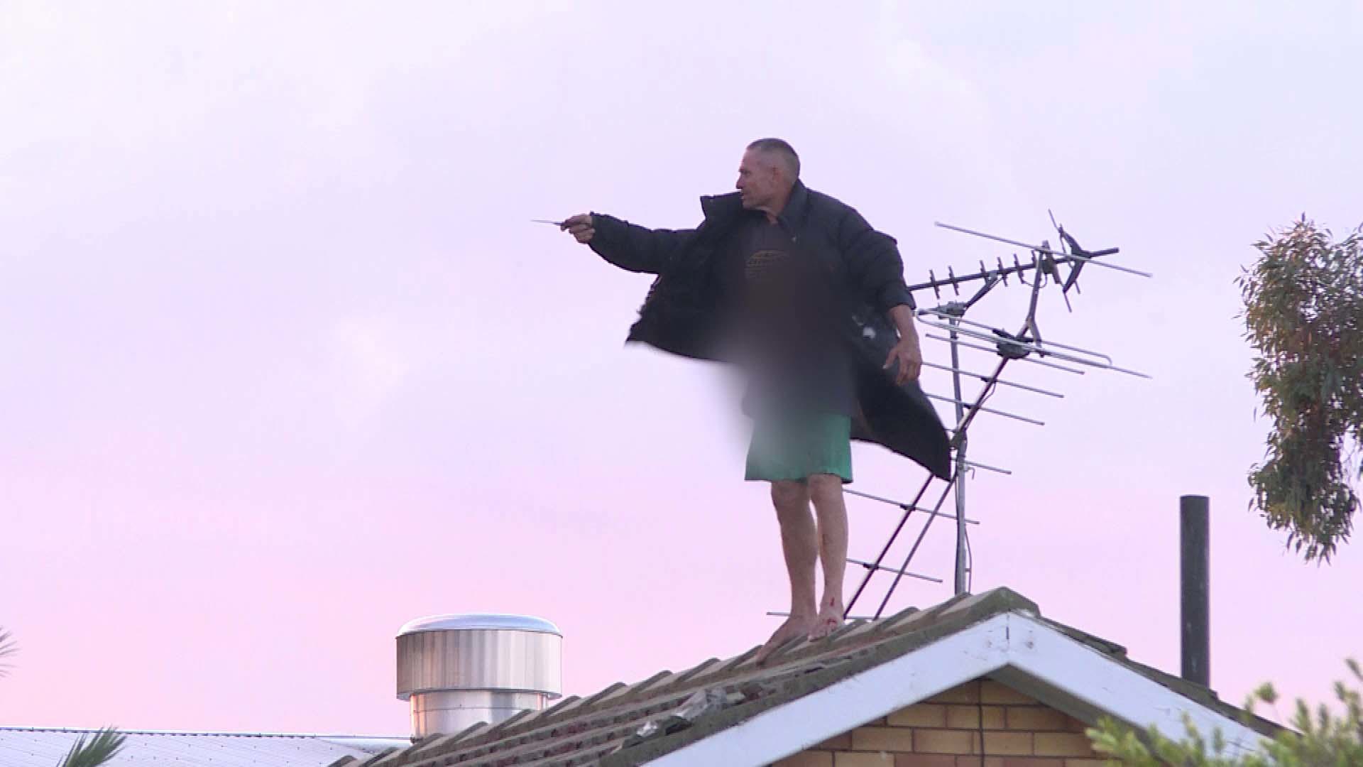 Peter Nielsen, 55, is accused of stabbing another man to death inside the home before climbing on top of the house.