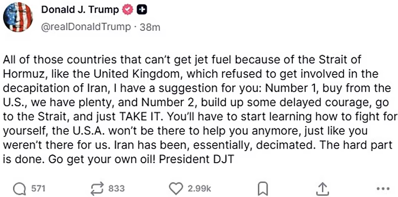 Trump tells allies to get your own oil Truth Social