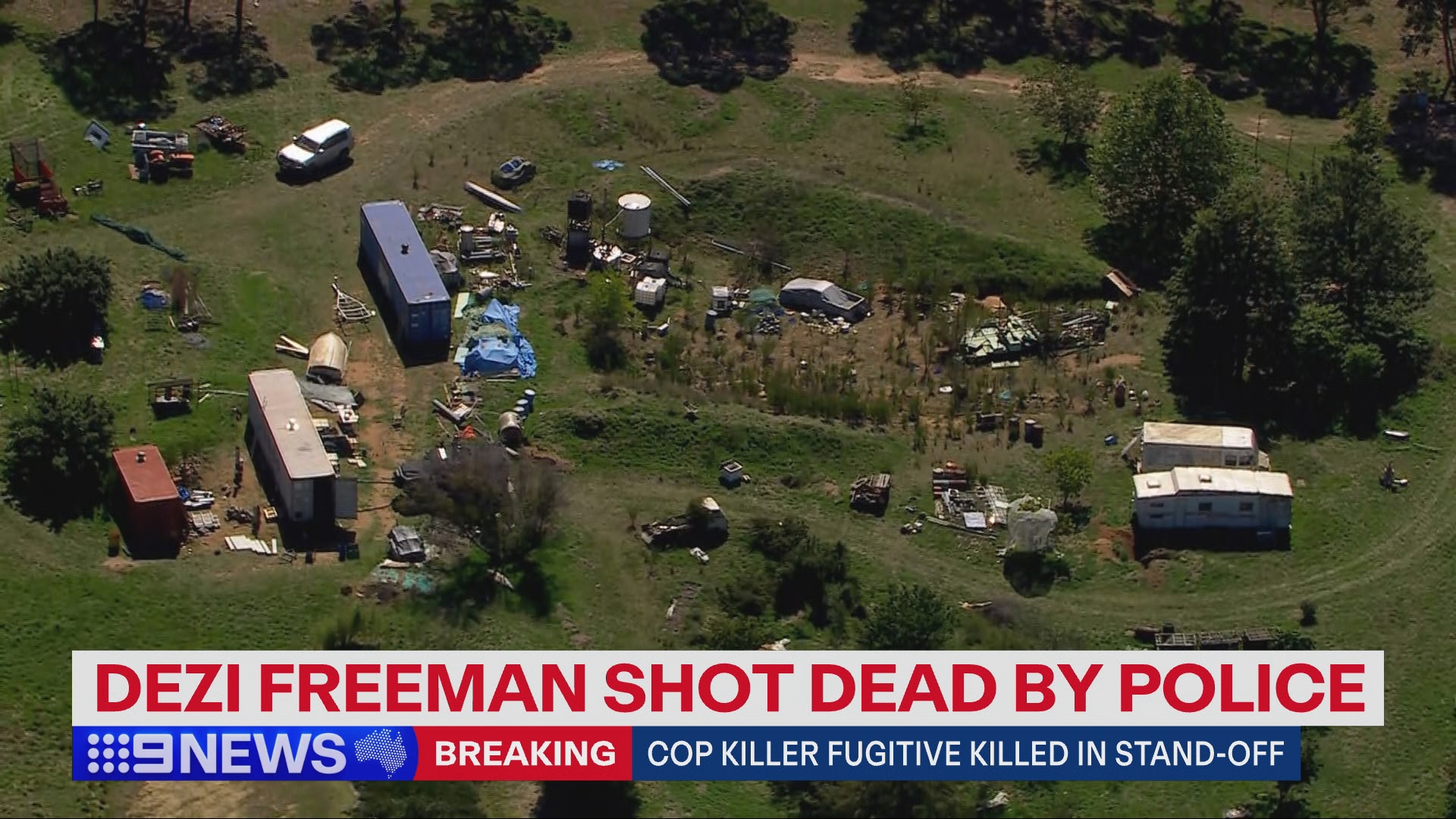 Aerial still of the property where Dezi Freeman was shot, March 30, 2026.