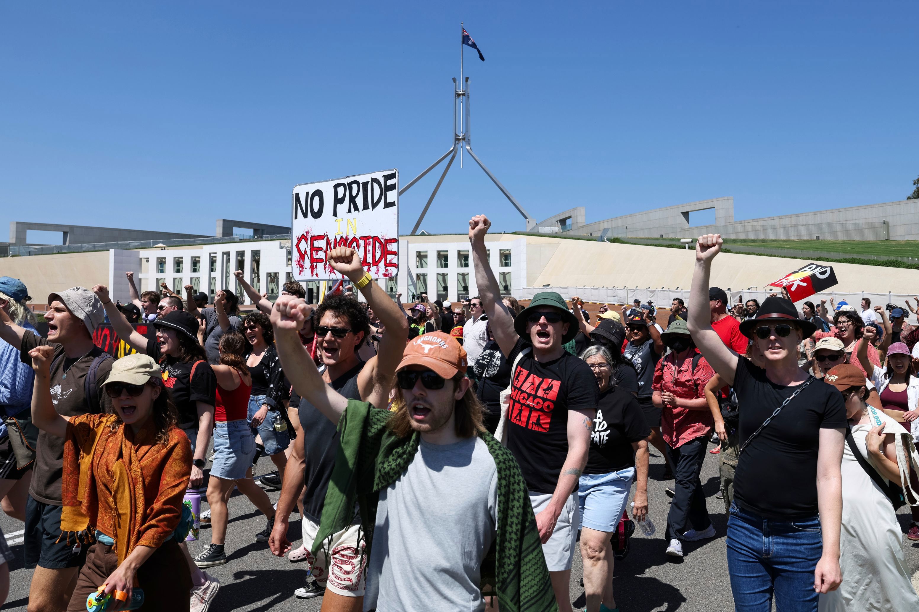 SYDNEY, AUSTRALIA - JANUARY 26: ProtInvasion Day Rally marching past Parliament House in Canberra on Monday 26 January 2026. fedpol Photo: Alex EllinghausenInvasion Day Rally marching past Parliament House in Canberra on Monday 26 January 2026. fedpol Photo: Alex Ellinghausen