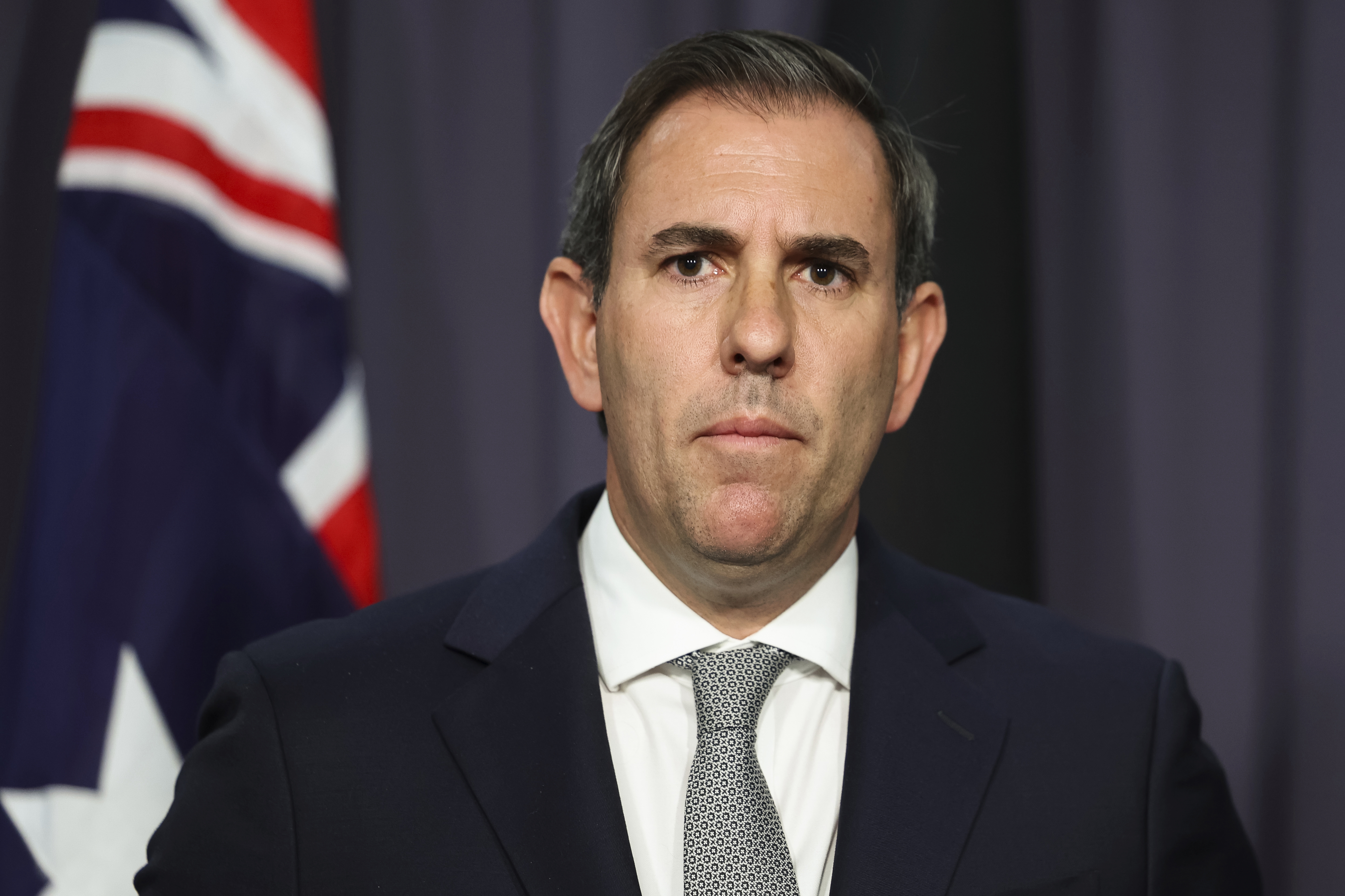 Treasurer Dr Jim Chalmers at a press conference at Parliament House in Canberra on Monday 13 October 2025. fedpol Photo: Alex Ellinghausen