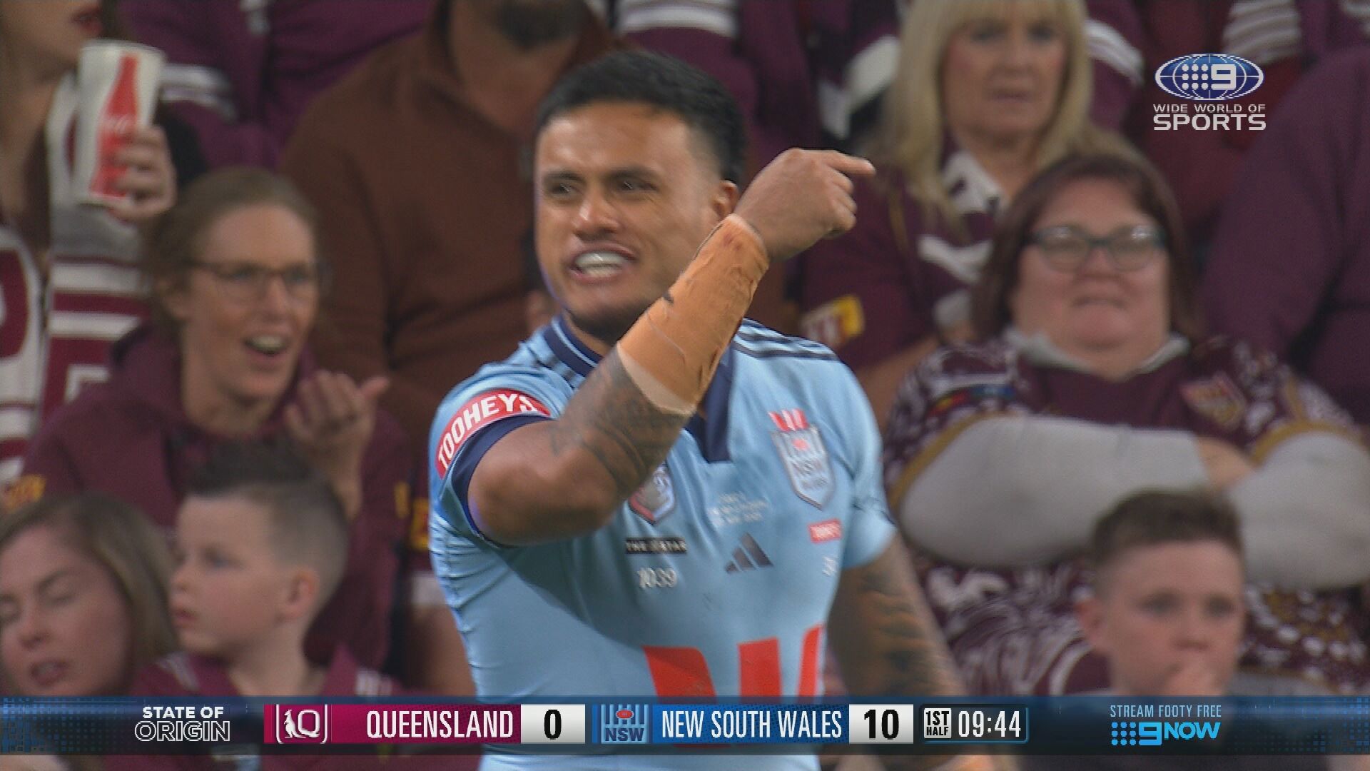 Blues forward Spencer Leniu fires up at Queensland.