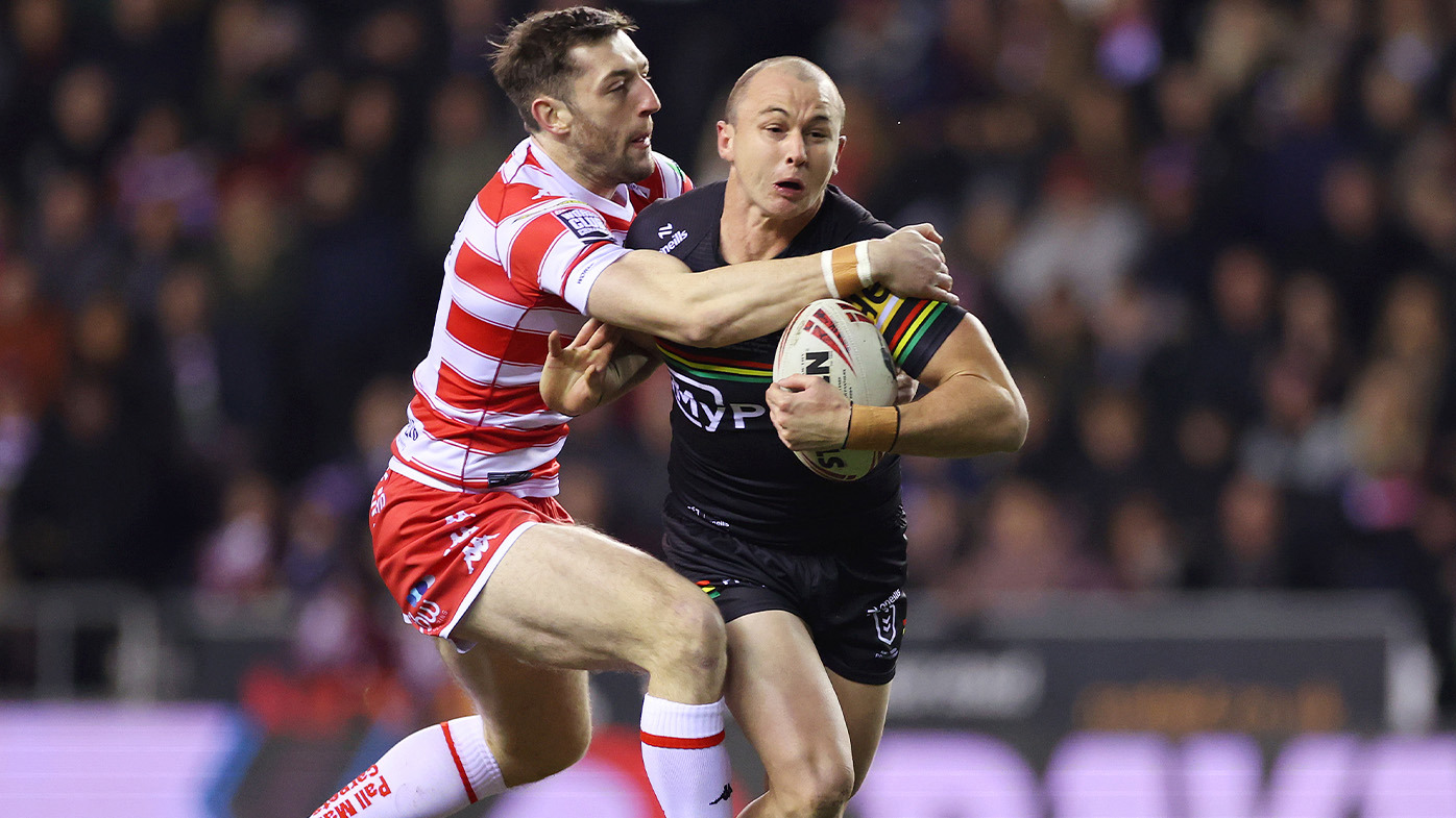 Dylan Edwards runs the footy in the World Club Challenge clash.