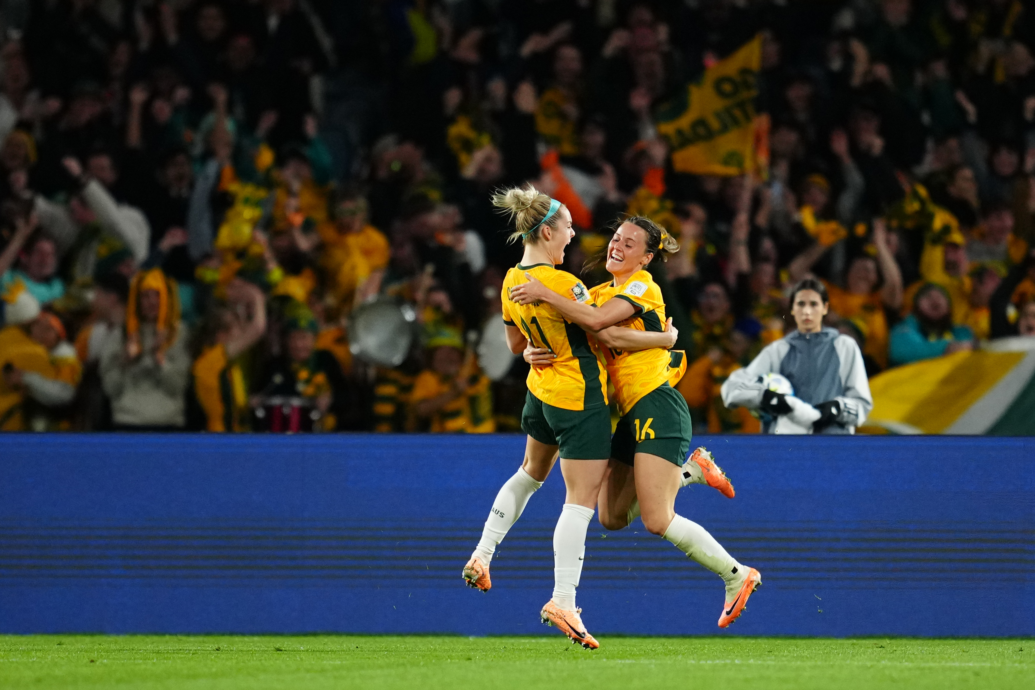 Hayley Raso celebrates her goals and the Matildas' second of their 2-0 victory over Denmark.